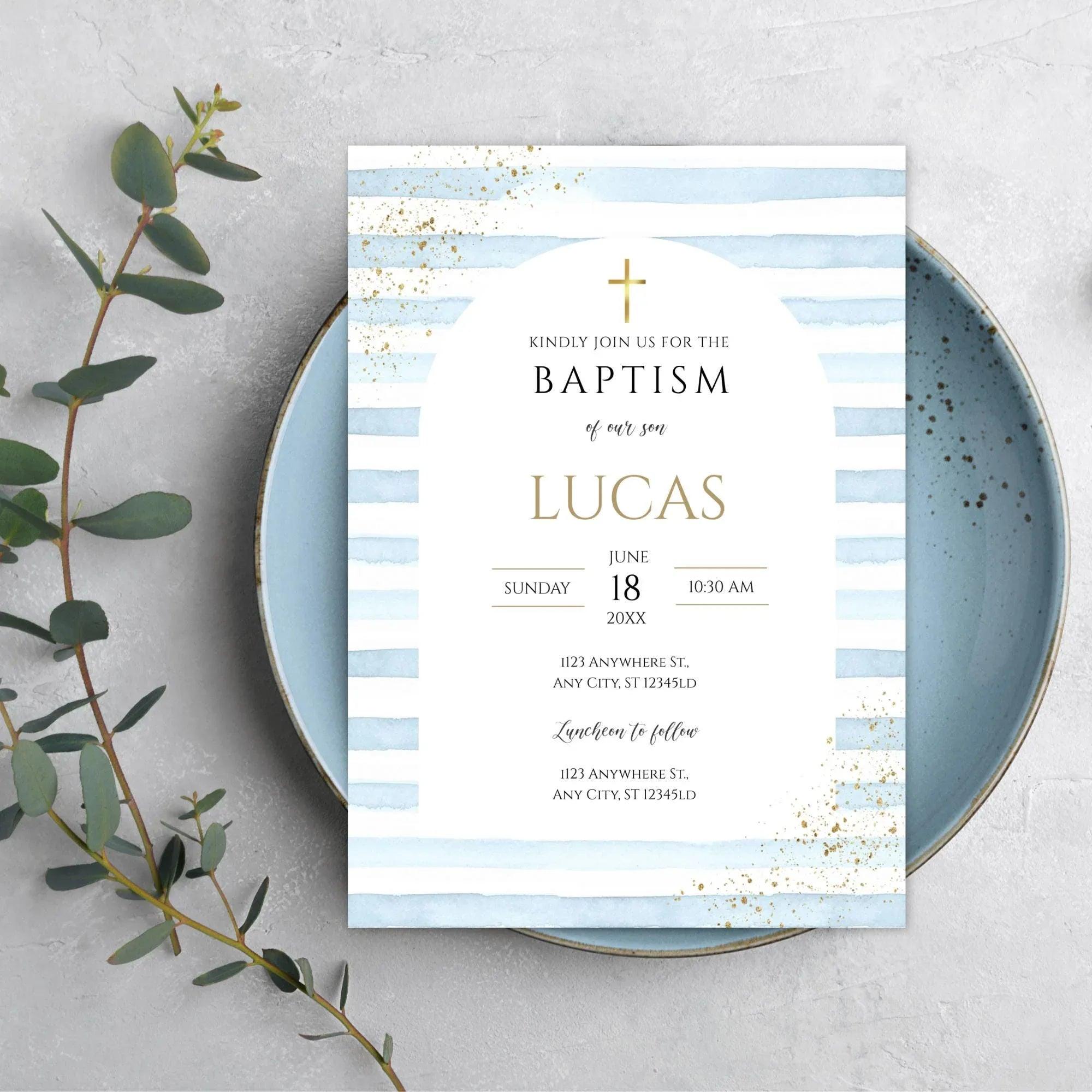 Editable Boy Baptism Invitation | Blue Gold Christening Template | Catholic Baptism Corjl | Instant Download Digital Invite - Lovely Printable Party