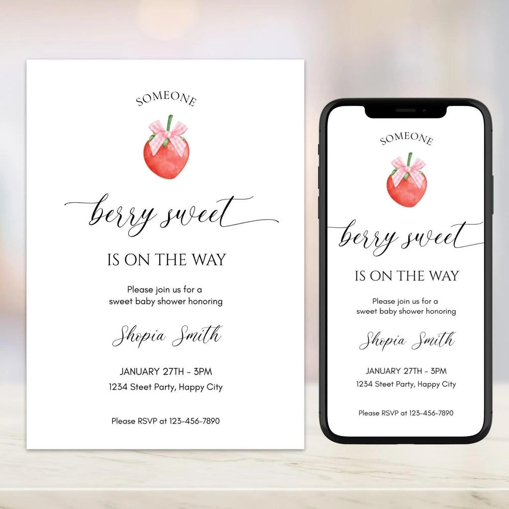 Strawberry Baby Shower Invitation Instant Download Digital Template - Lovely Printable Party