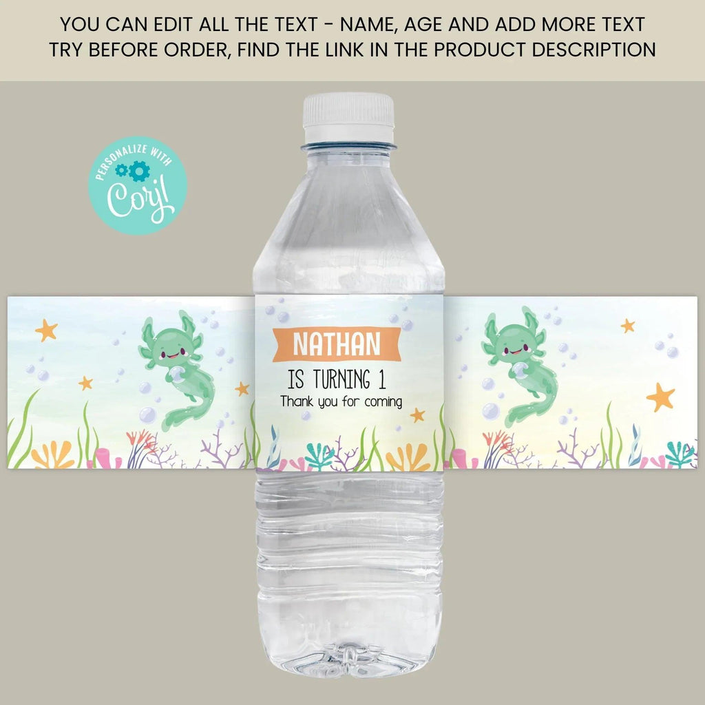 Axolotl Water Bottle Labels | Instant Download Digital Template - Lovely Printable Party