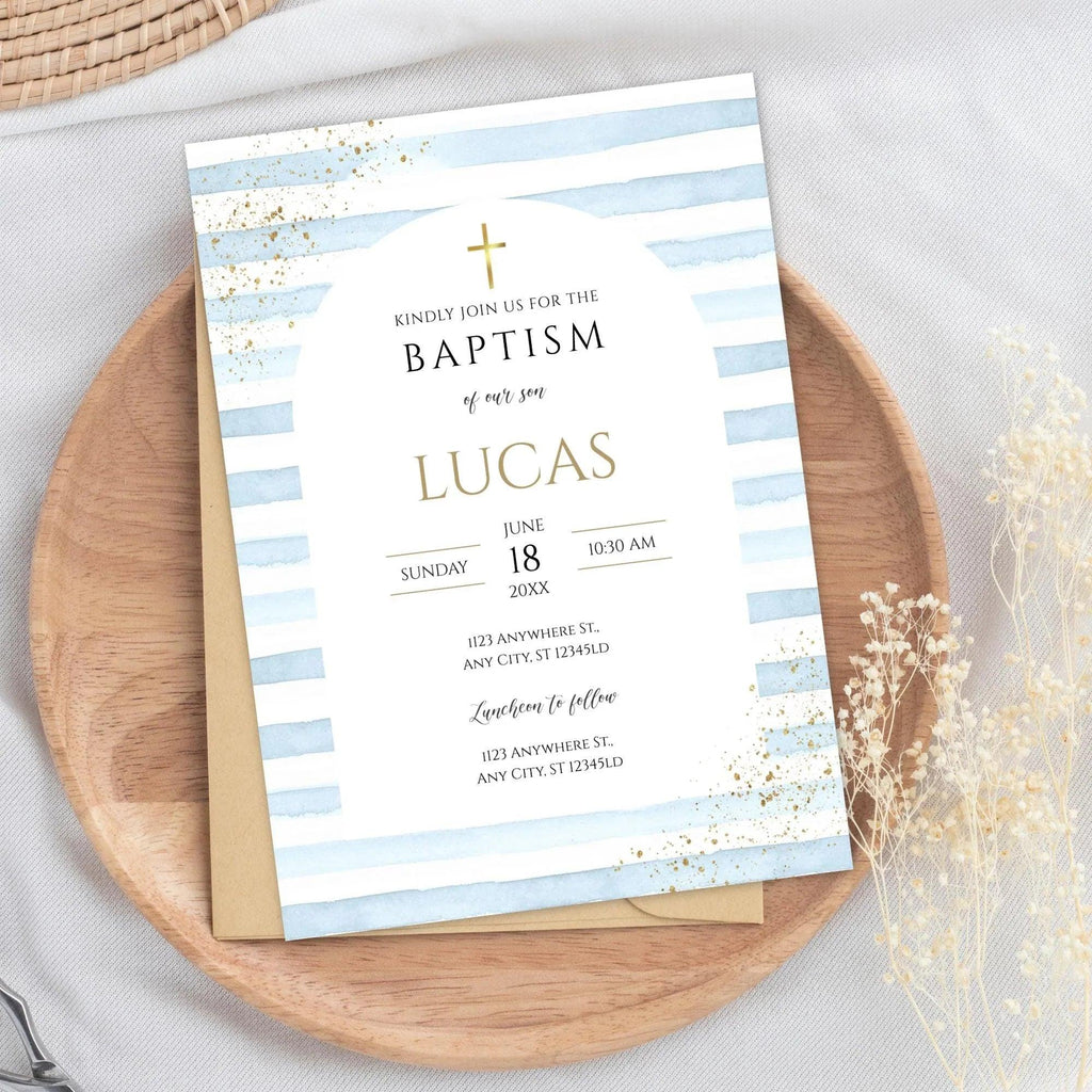 Editable Boy Baptism Invitation | Blue Gold Christening Template | Catholic Baptism Corjl | Instant Download Digital Invite - Lovely Printable Party