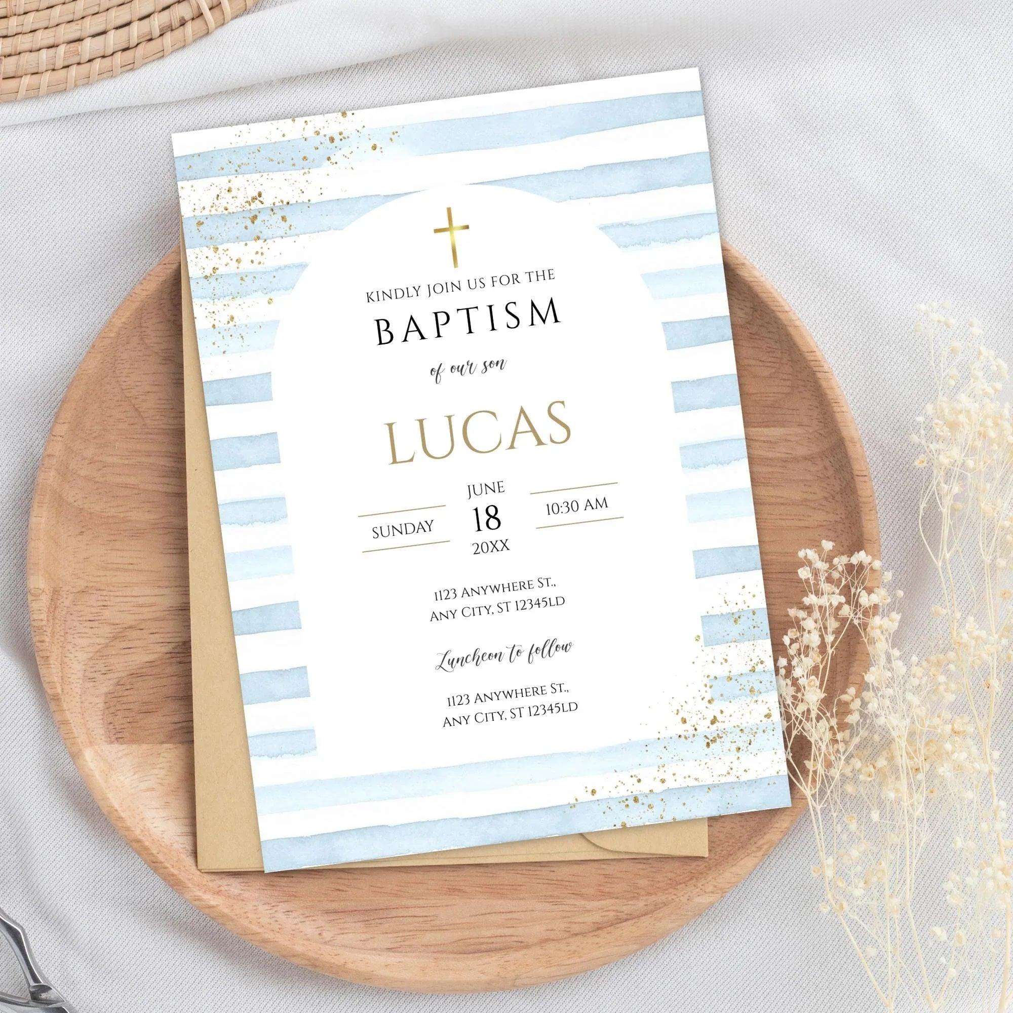 Editable Boy Baptism Invitation | Blue Gold Christening Template | Catholic Baptism Corjl | Instant Download Digital Invite - Lovely Printable Party