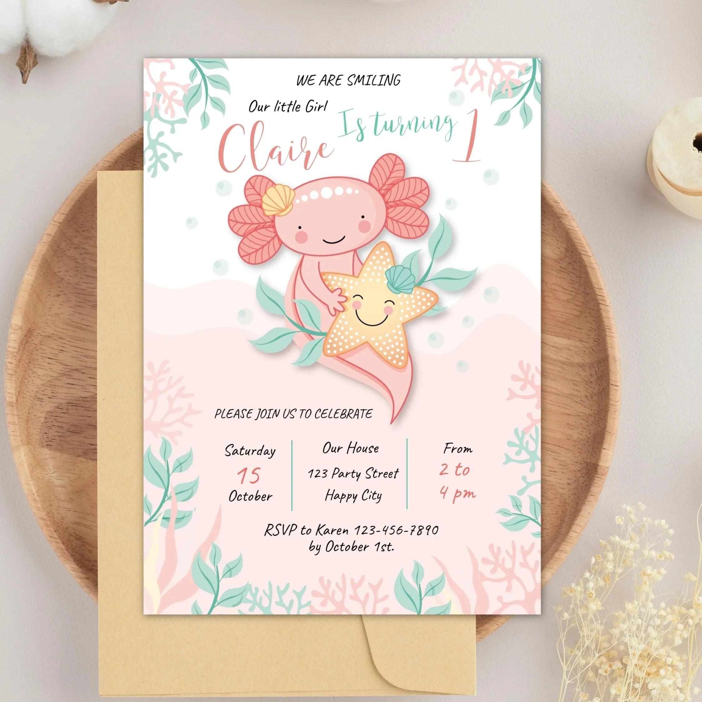 Axolotl Pink Birthday Invitation Instant Download Digital template - Lovely Printable Party