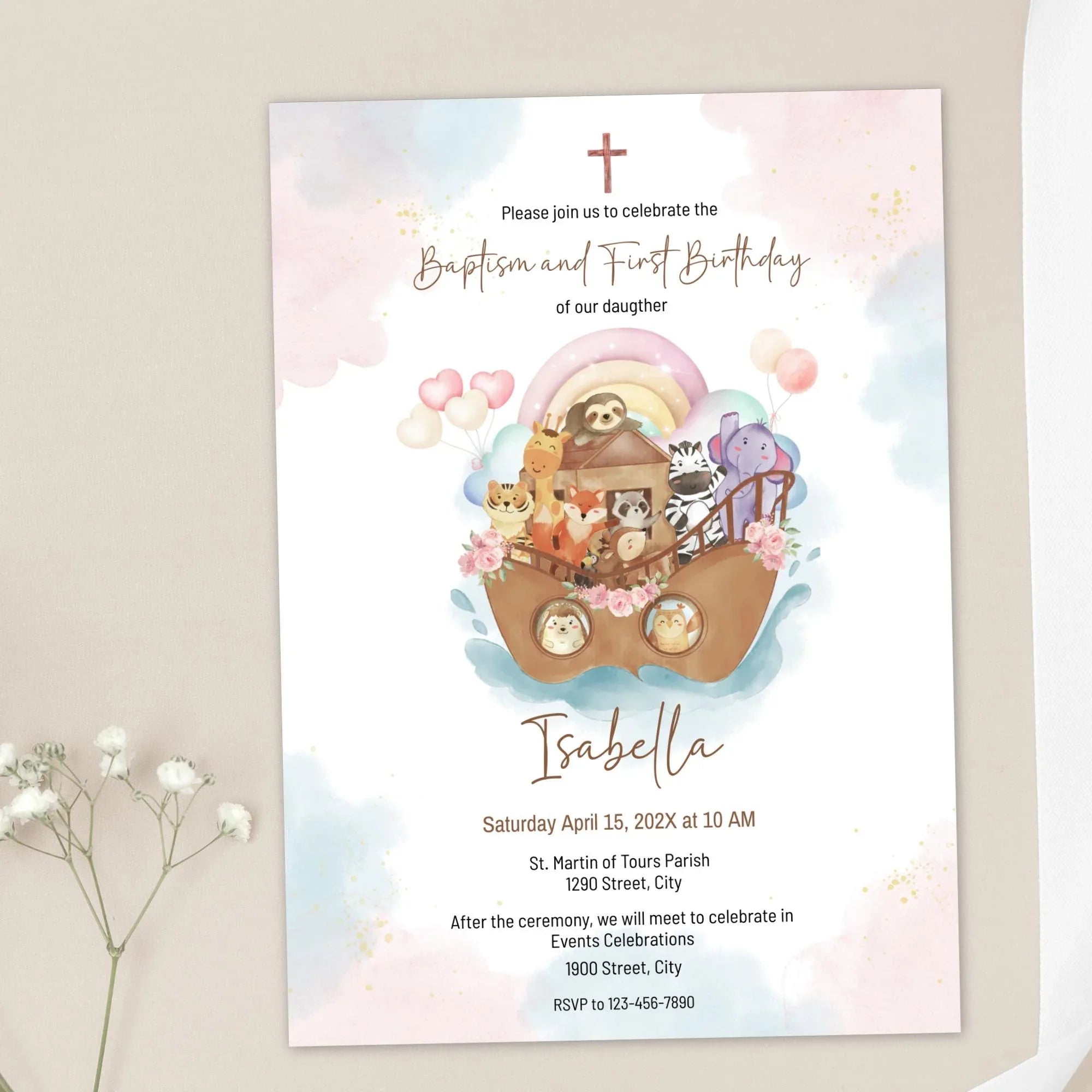 Girl Noah's Ark Baptism and First Birthday Invitation - Lovely Party