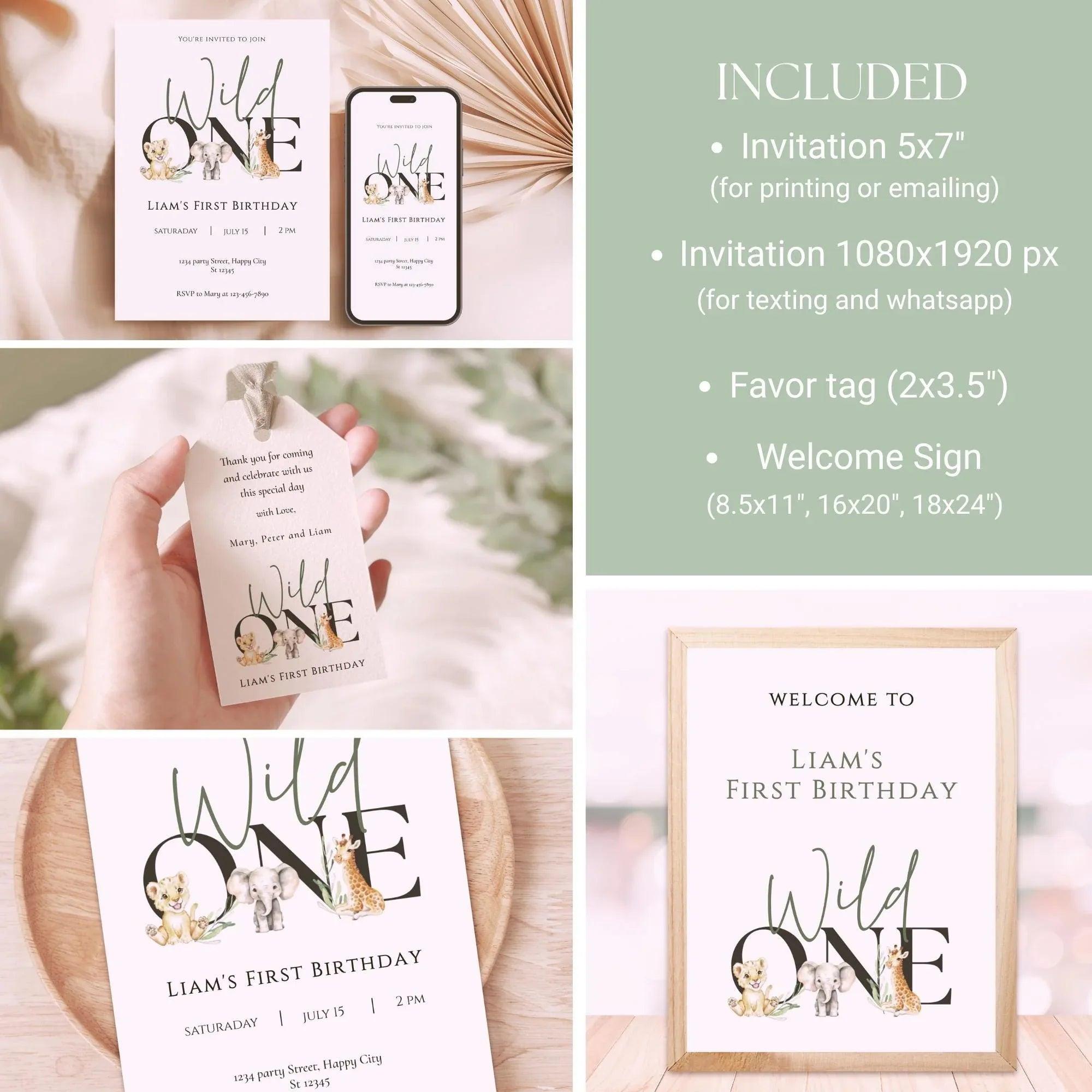 Wild One Birthday Invitation Bundle Editable | Safari Jungle Party Set Corjl | Welcome Sign + Favor Tag + Phone Invite | Digital Printable - Lovely Printable Party