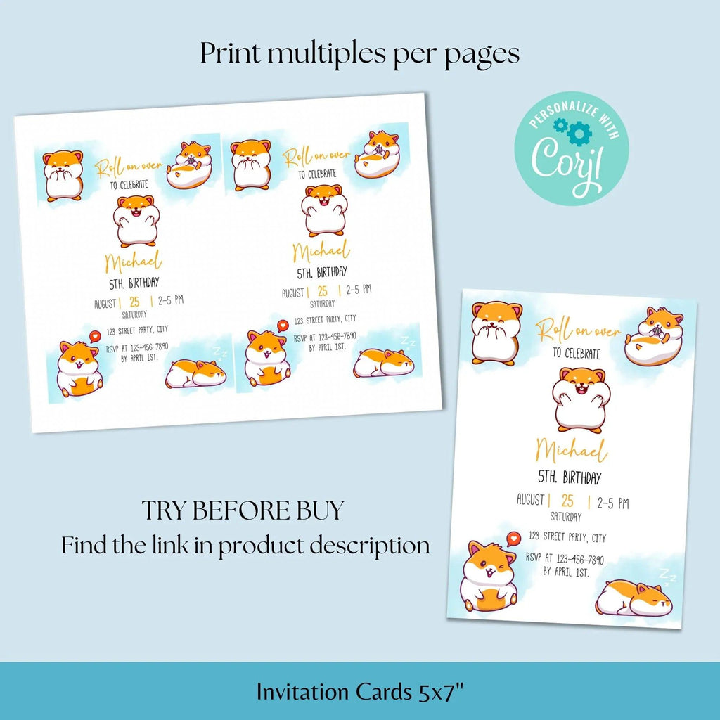 Hamster Birthday Invitation, Digital White Blue Birthday Party, Minimal, Modern, Hamster Invite, Hampster, cute, Mouse, Hamster Invite - Lovely Printable Party