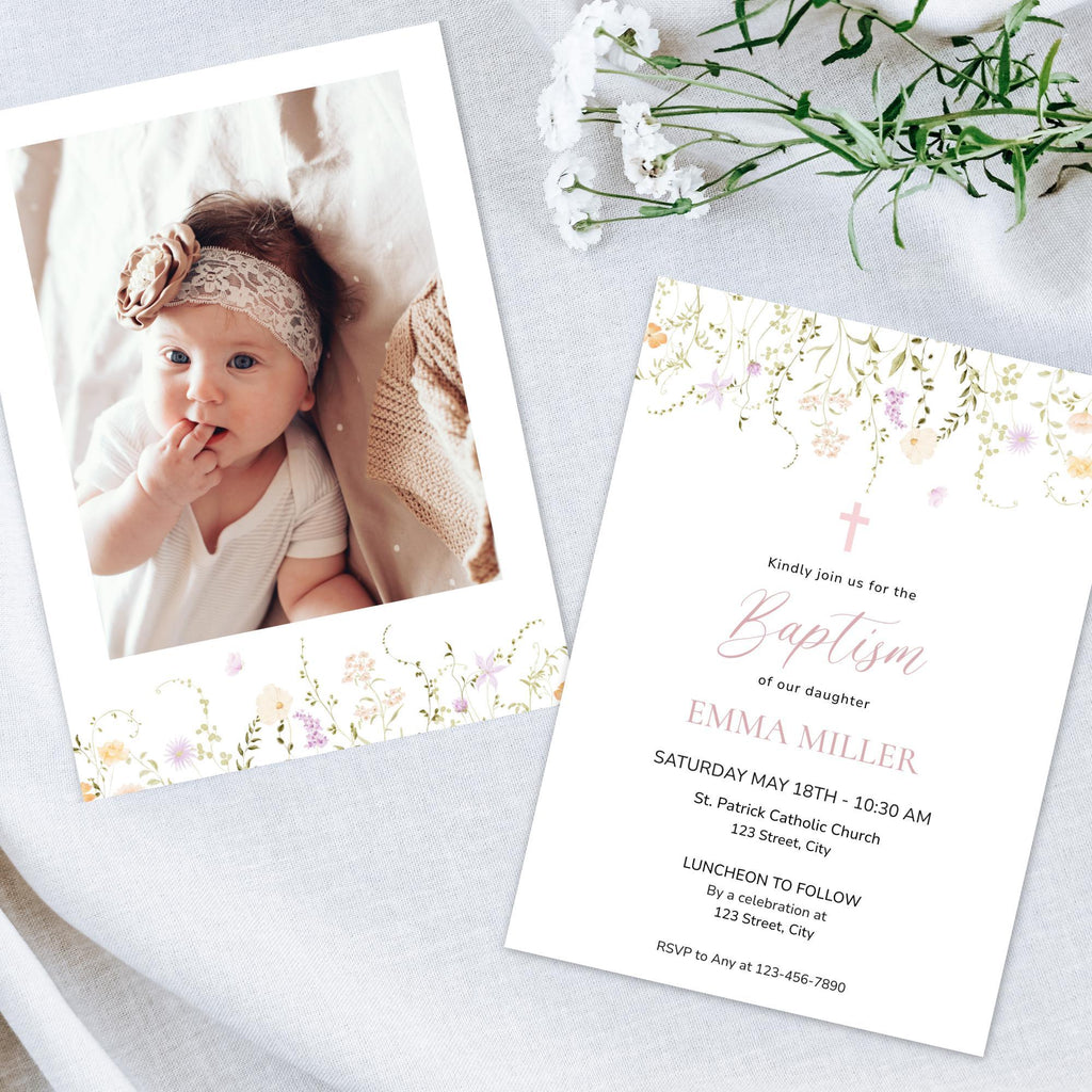Girl Baptism Invitation with Photo – Corjl Template – Printable Floral Christening Invite – Digital Download - Lovely Printable Party