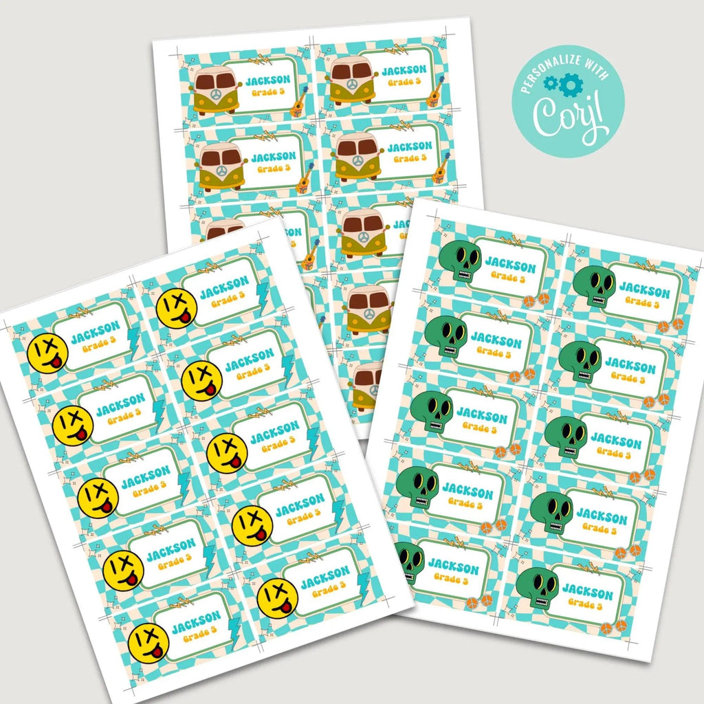 Funky retro School labels, Classroom Printables, Name labels for kids, Classroom Labels, School supply labels, Editable Labels - Lovely Printable Party