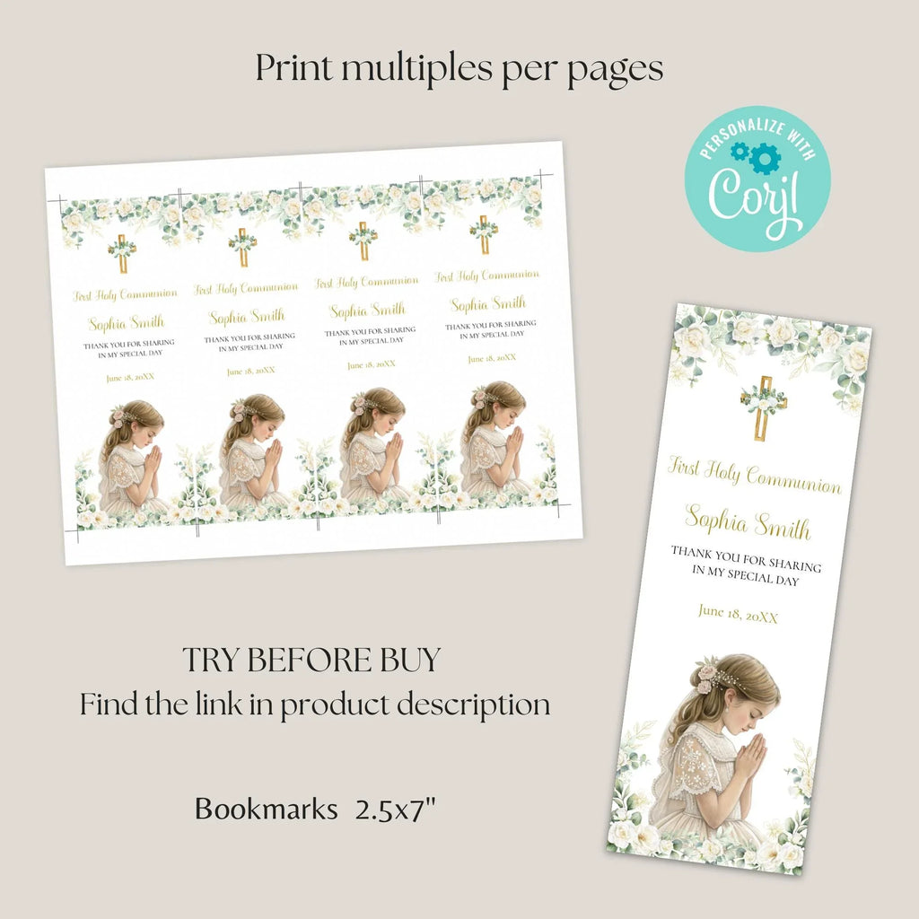 First communion Green and white flowers Bookmark - Lovely Party