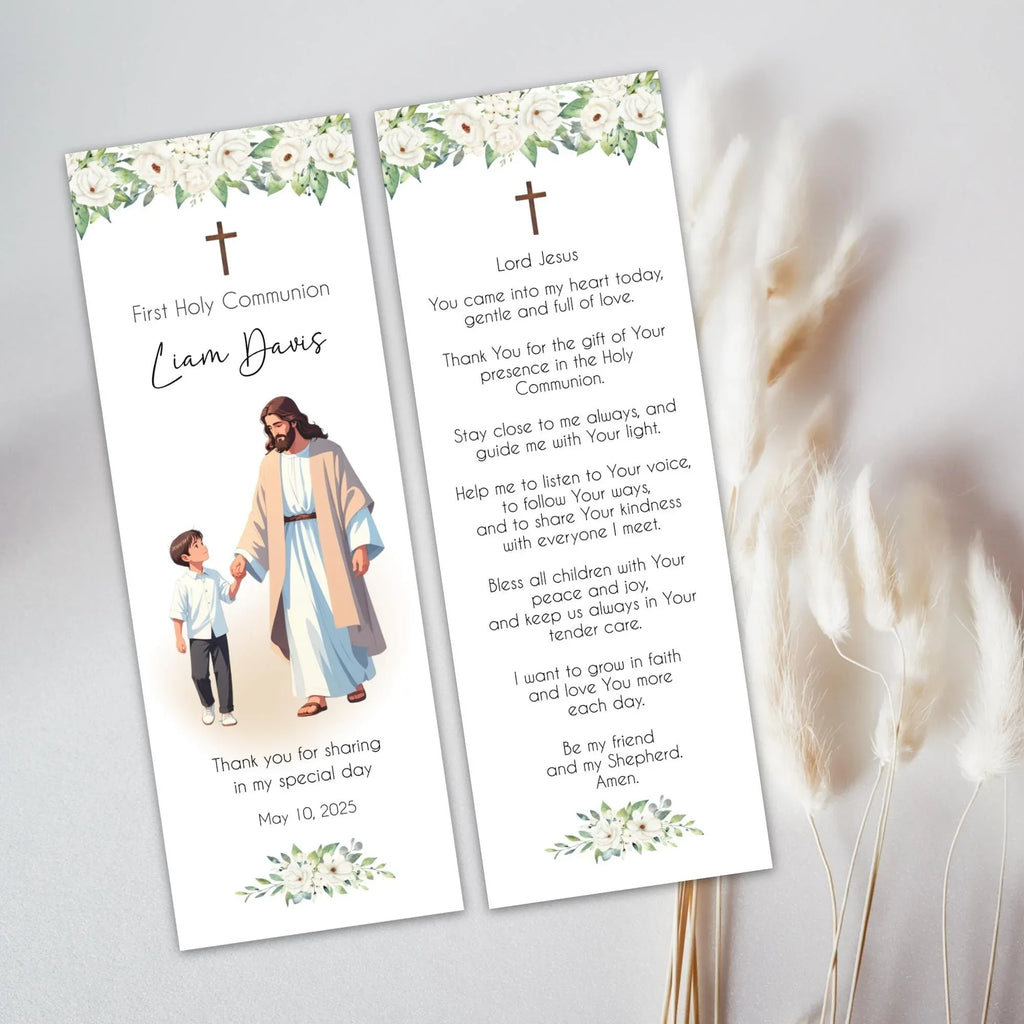 Jesus and boy white flowers Communion Bookmark - Lovely Party
