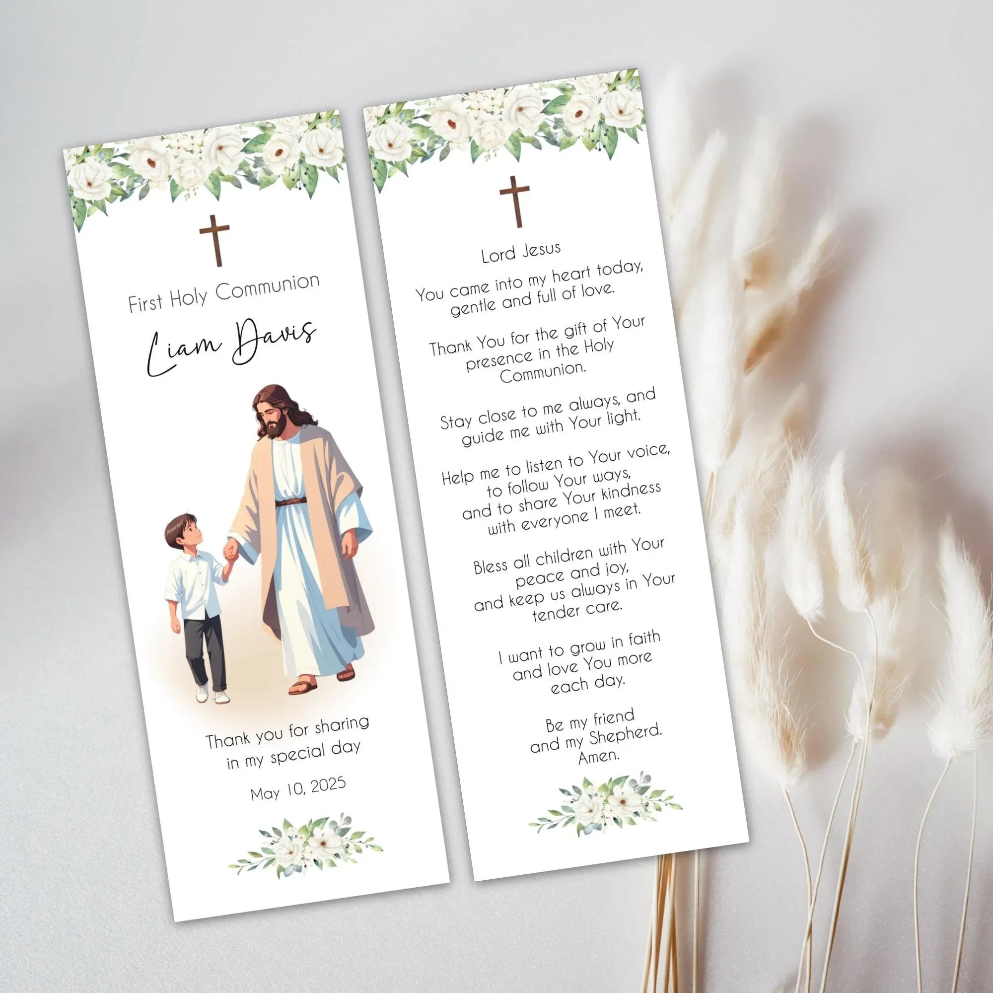 Jesus and boy white flowers Communion Bookmark - Lovely Party