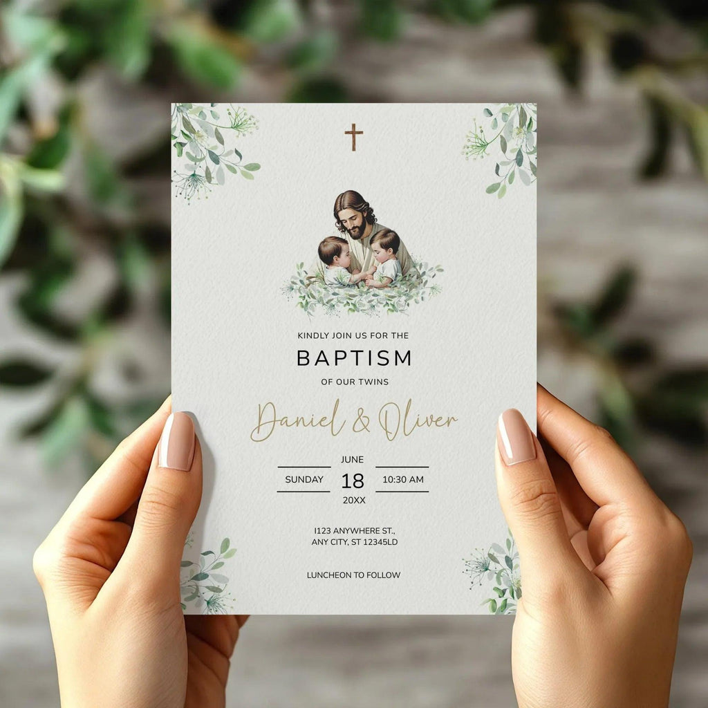 Editable Baptism Invitation • Twins Baby Boys • Corjl Template • Christening Invitation with Jesus and Greenery - Lovely Printable Party