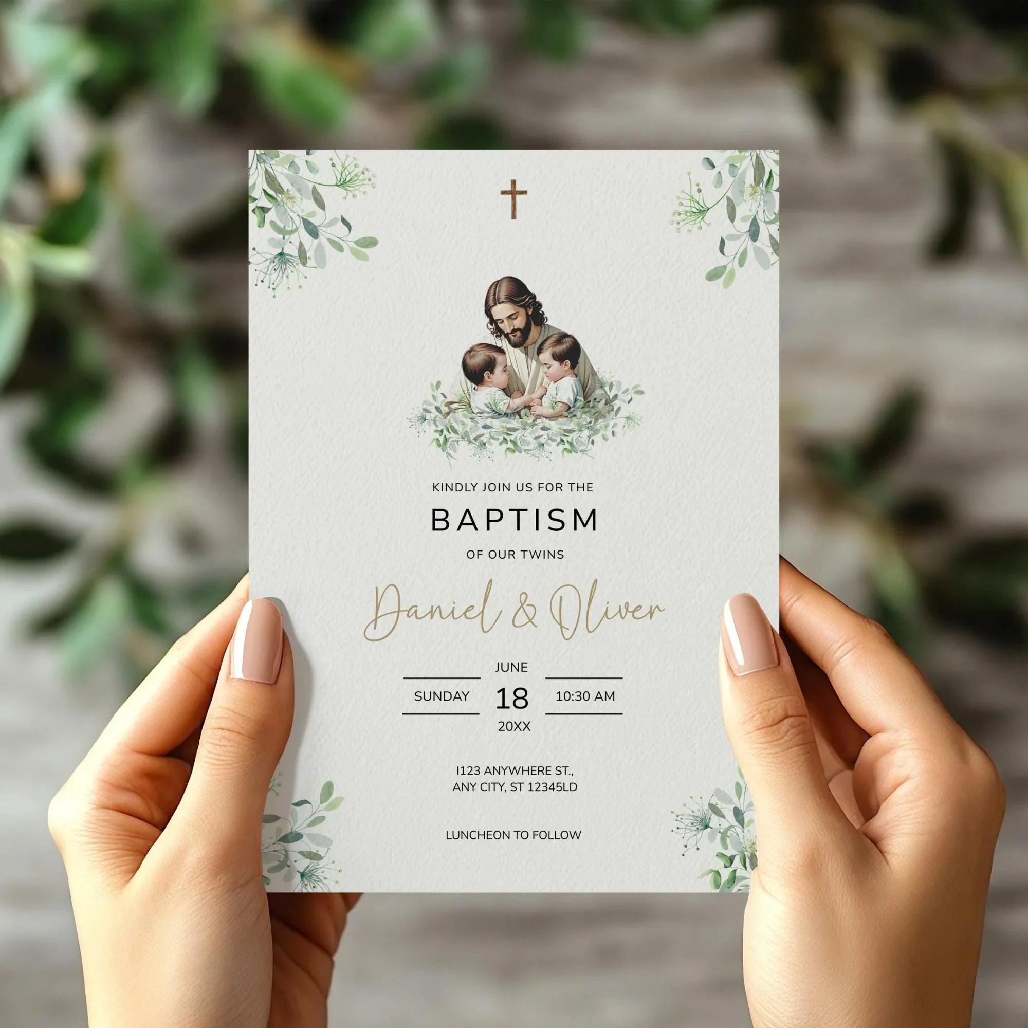 Editable Baptism Invitation • Twins Baby Boys • Corjl Template • Christening Invitation with Jesus and Greenery - Lovely Printable Party