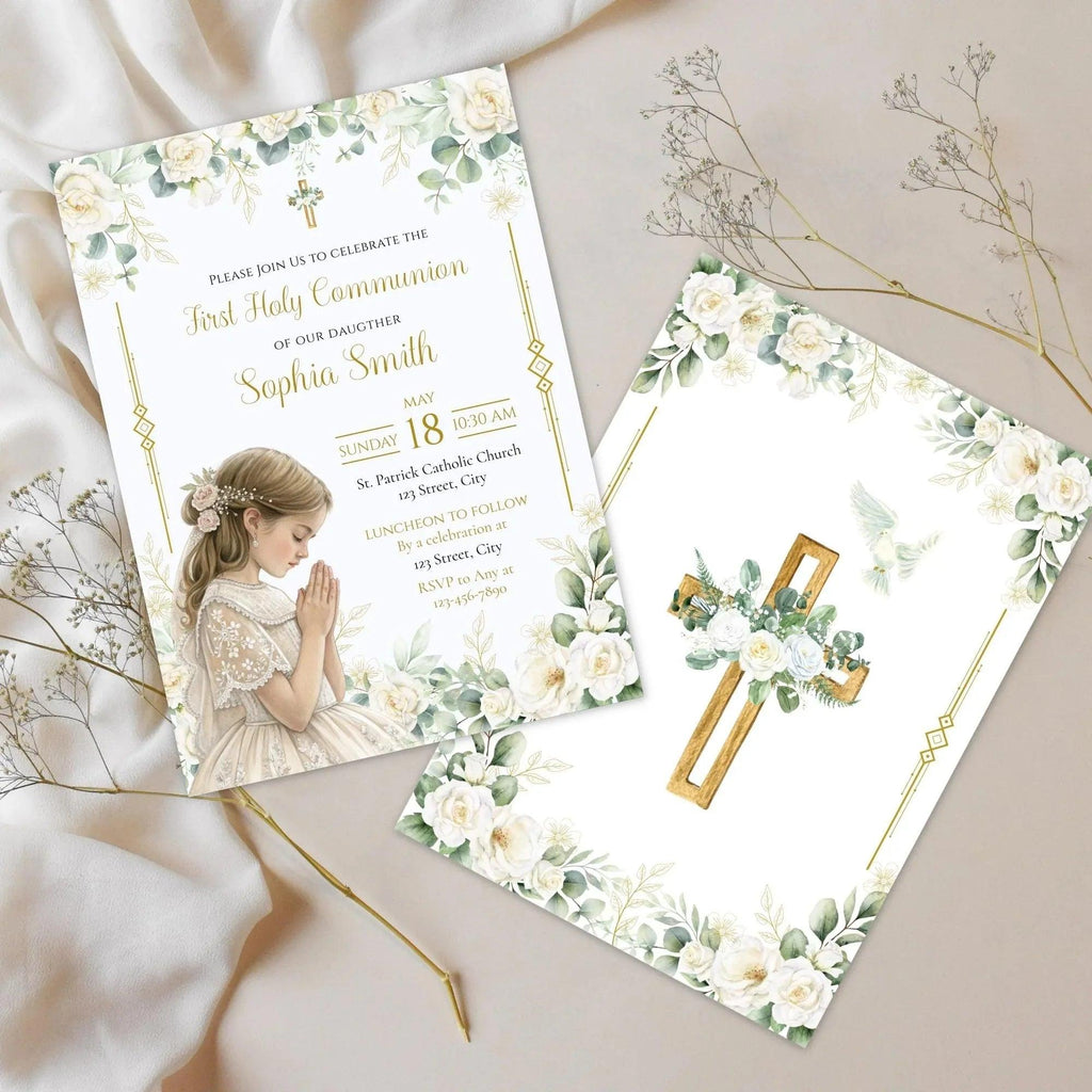 First Holy Communion, Invitation Template, Girl First Communion Invite, Editable First Communion Invitation Girl, Instant Download - Lovely Printable Party