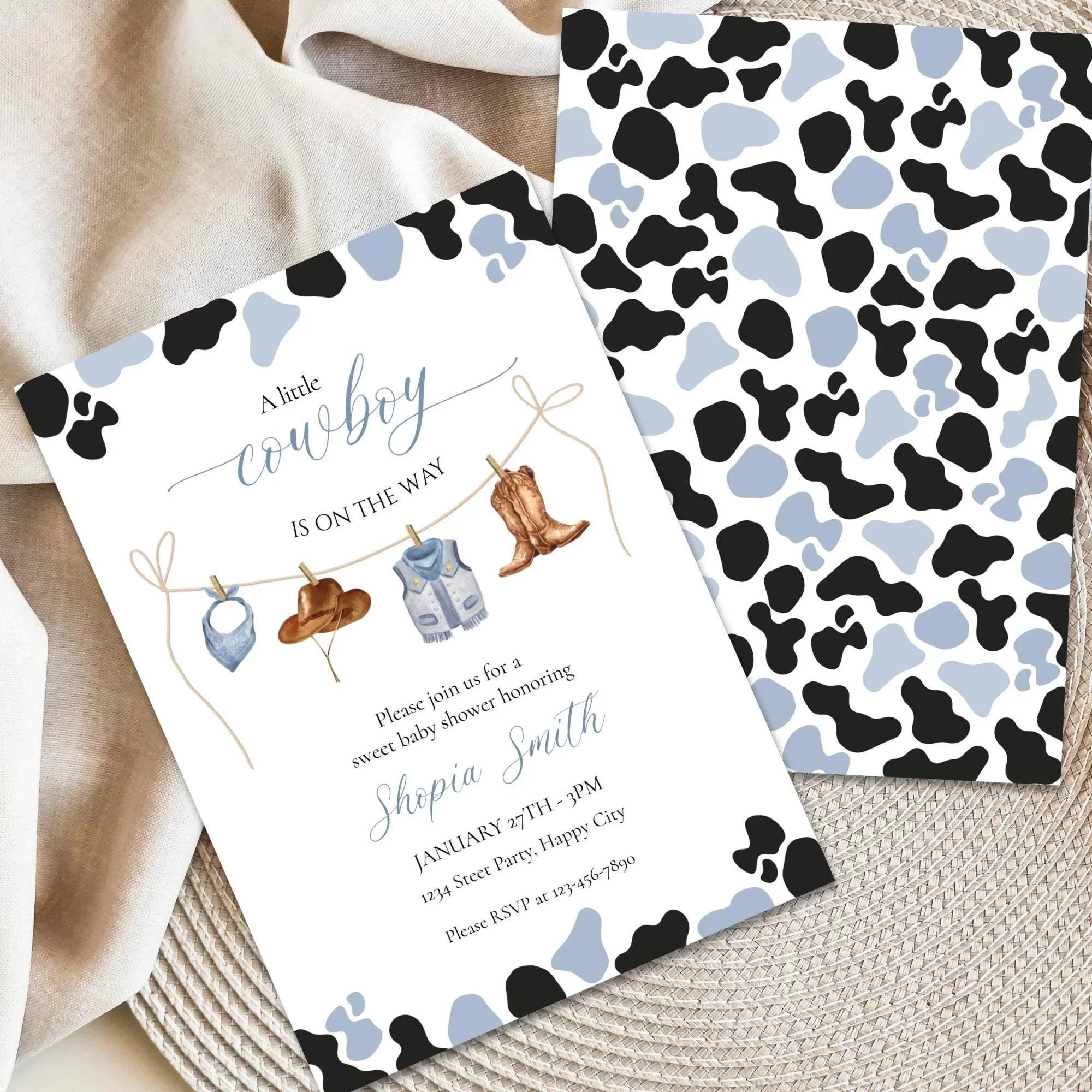 Little Cowboy Baby Shower Invitation – Editable via Corjl | Blue & Brown Western Cow Print | Digital Download - Lovely Printable Party