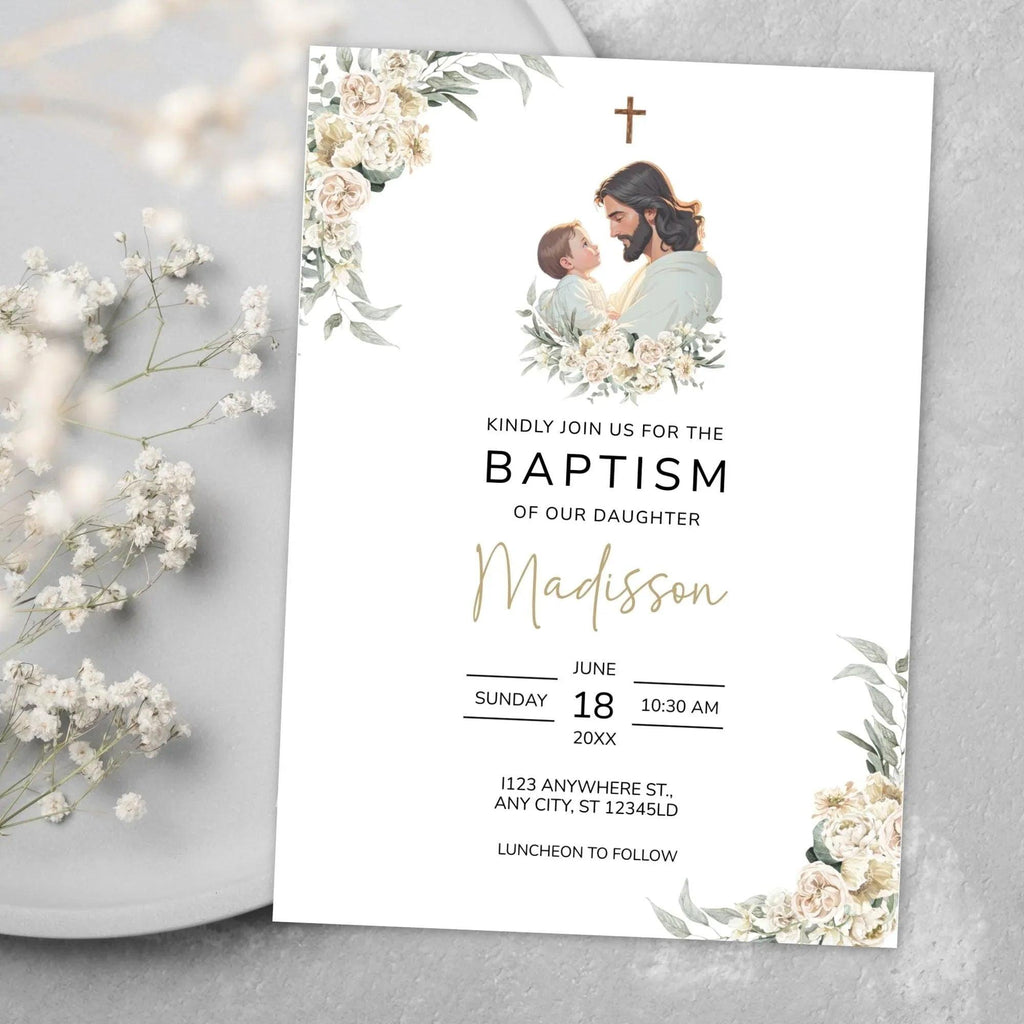 Catholic Baptism Invitation Girl, Editable christening Invitation Template, Jesus & Baby digital invite, Printable floral Invitation - Lovely Printable Party