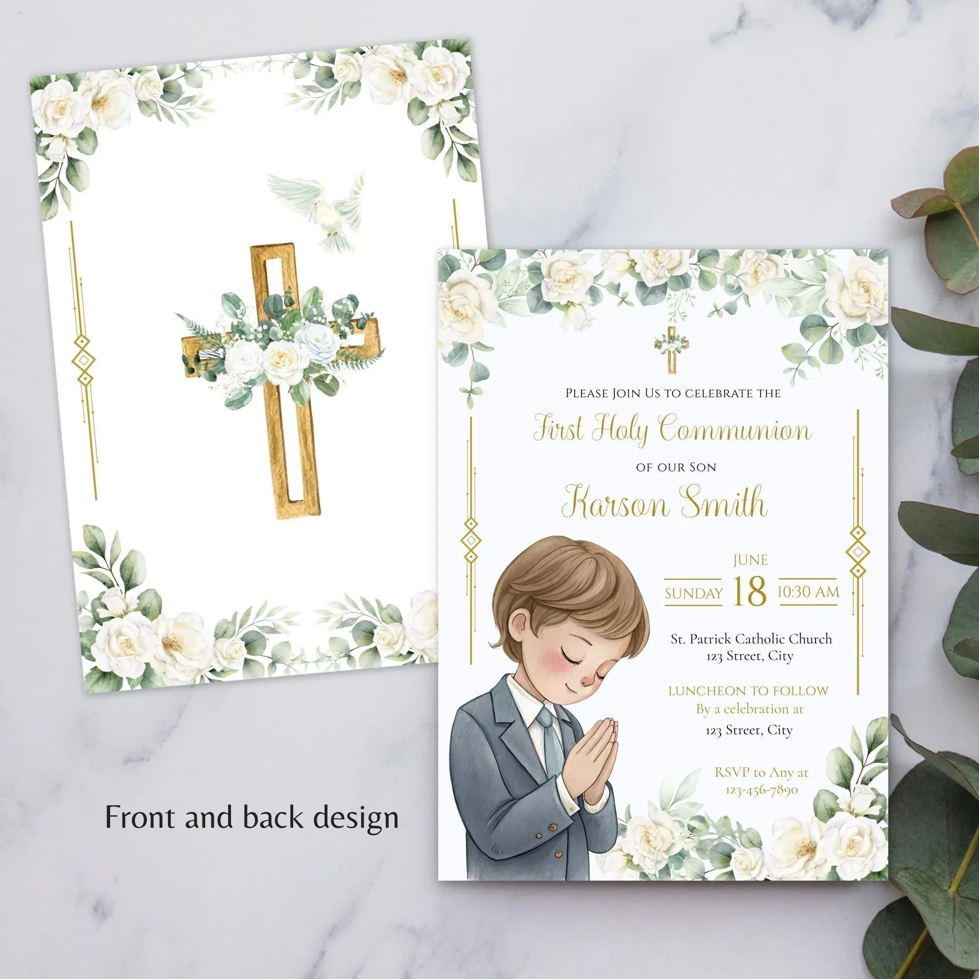 First Communion Invitation Flowers white and green - Lovely Party