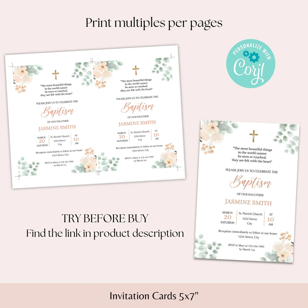 Salmon Flowers Baptism Invitation - Lovely Party