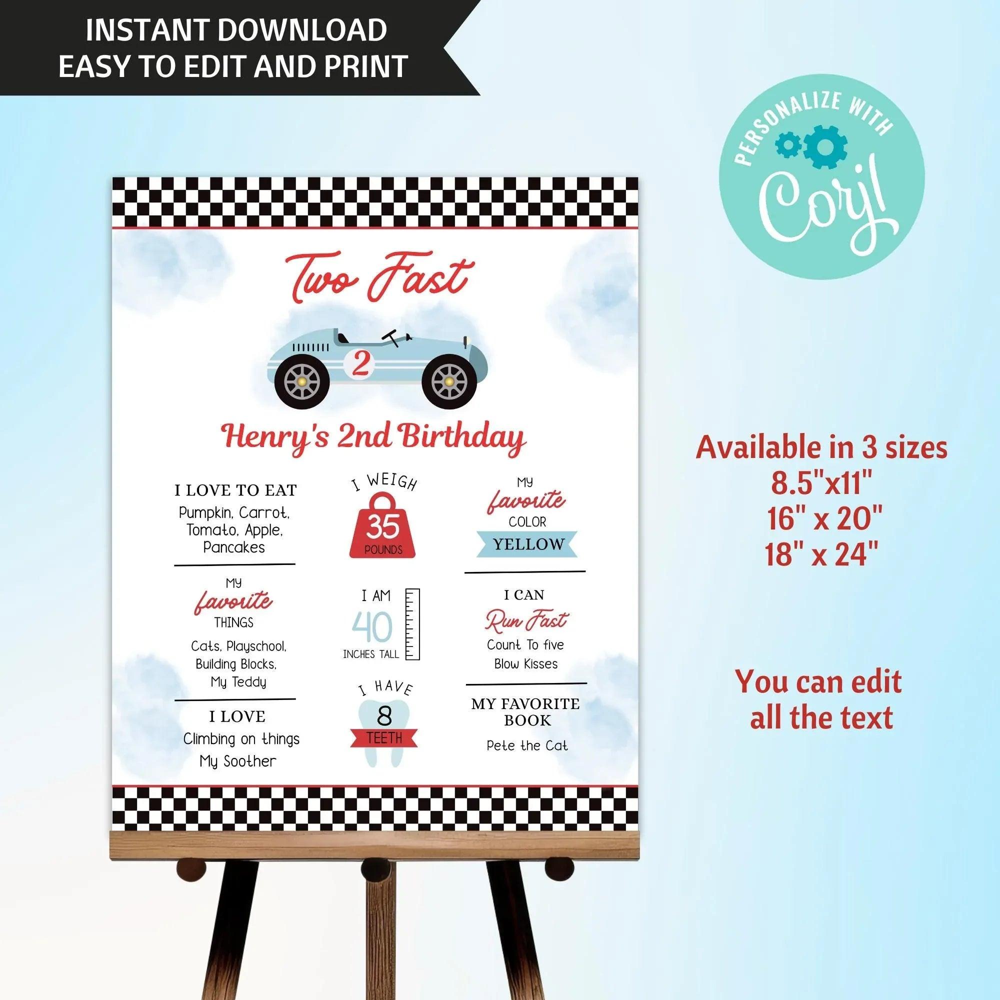 Race Car Party Printable Decorations & Invitation Template Bundle - Two Fast / Fast One Birthday Theme - INSTANT DOWNLOAD - EDITABLE Text - Lovely Printable Party