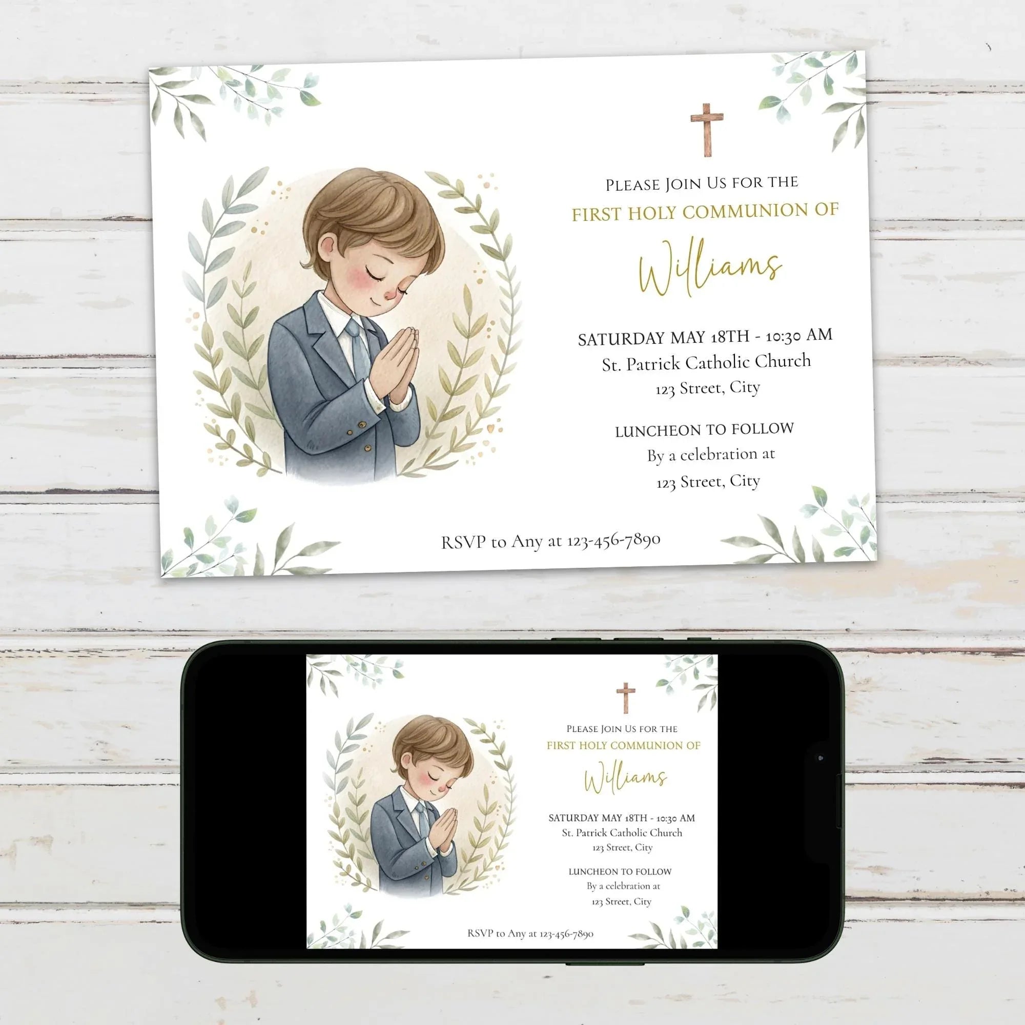 Watercolor First Holy Communion Invitation - Lovely Party