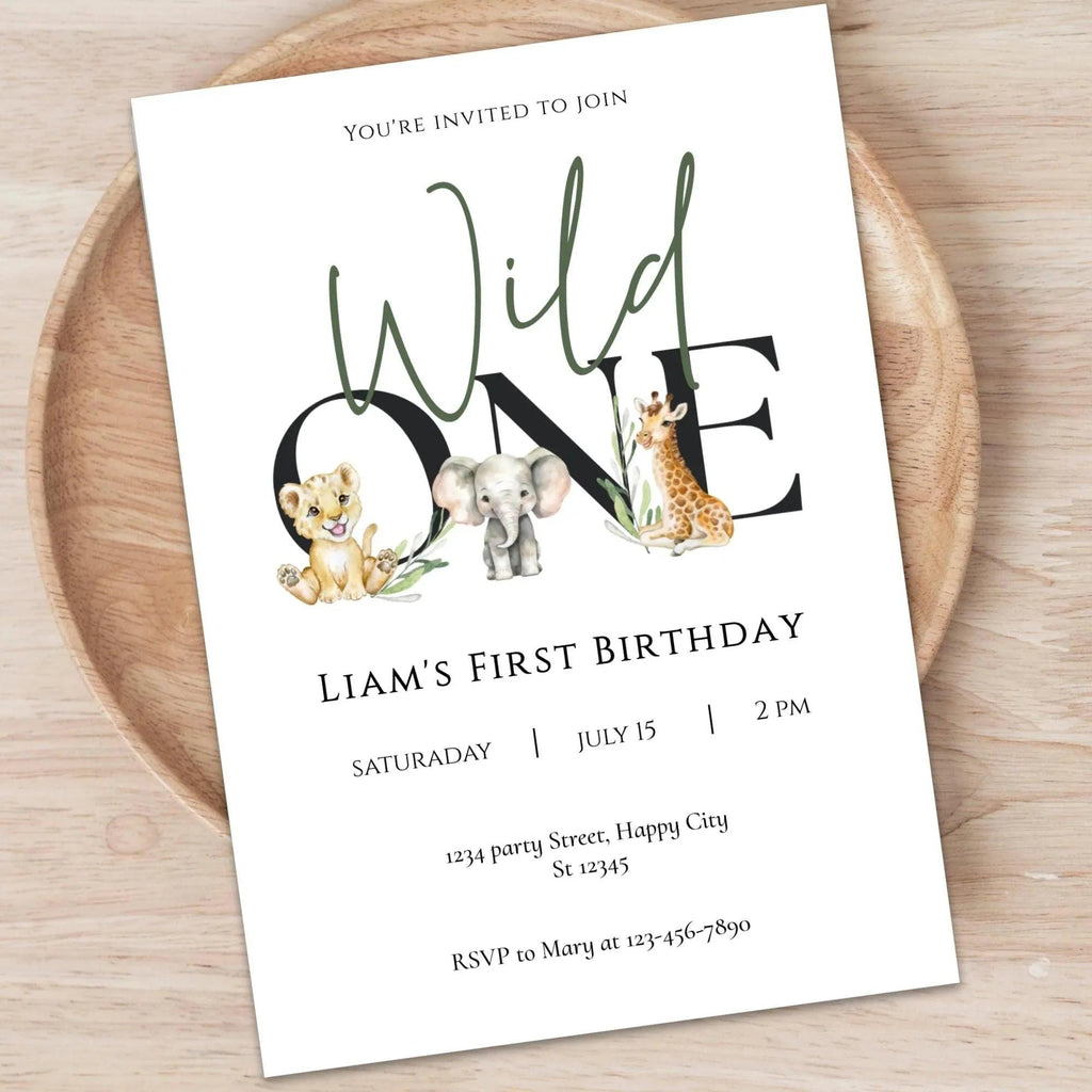 Wild One First Birthday Invitation Editable | Safari Jungle Party Invite Corjl | Digital Animal Birthday Card for Boy - Lovely Printable Party