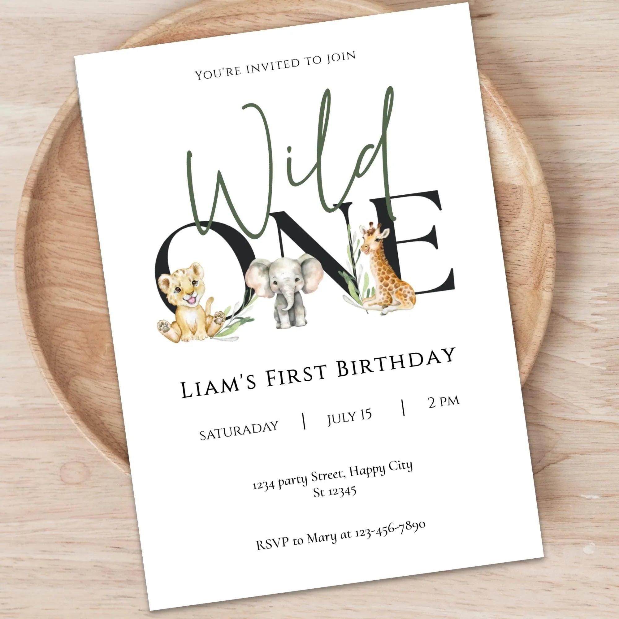 Wild One First Birthday Invitation Editable | Safari Jungle Party Invite Corjl | Digital Animal Birthday Card for Boy - Lovely Printable Party