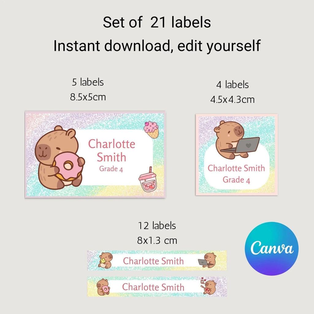 Kawaii Capybara School Name Labels – Cute Kawaii Capybara Sticker Set – Pastel Donut & Laptop Designs – Printable Name Tags for Kids - Lovely Printable Party