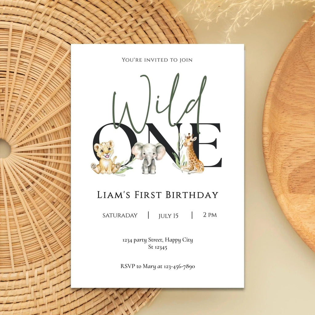 Wild One First Birthday Invitation Editable | Safari Jungle Party Invite Corjl | Digital Animal Birthday Card for Boy - Lovely Printable Party