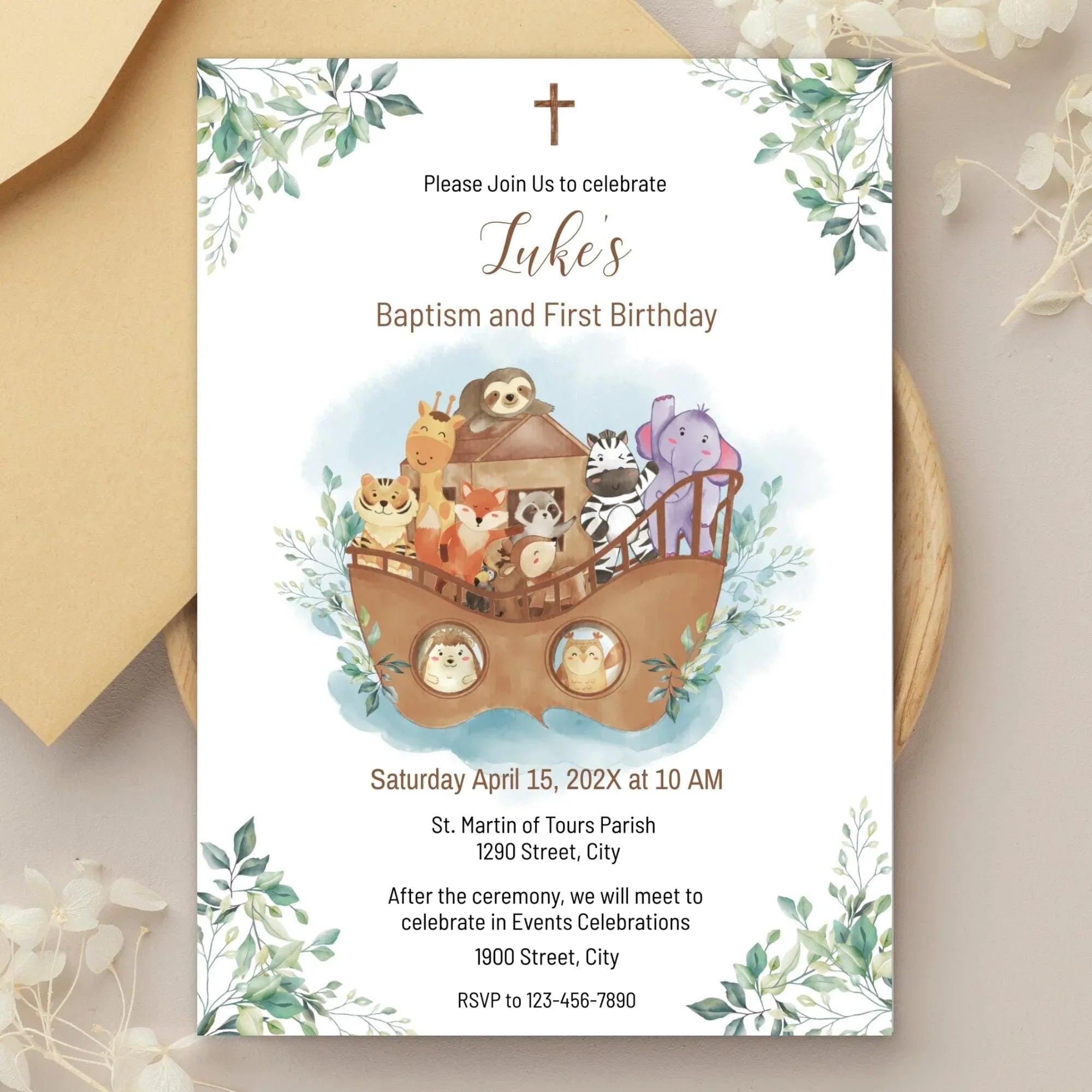 Noah's Ark Baptism & 1st Birthday Invitation Template – Editable Corjl Digital Download - Lovely Printable Party