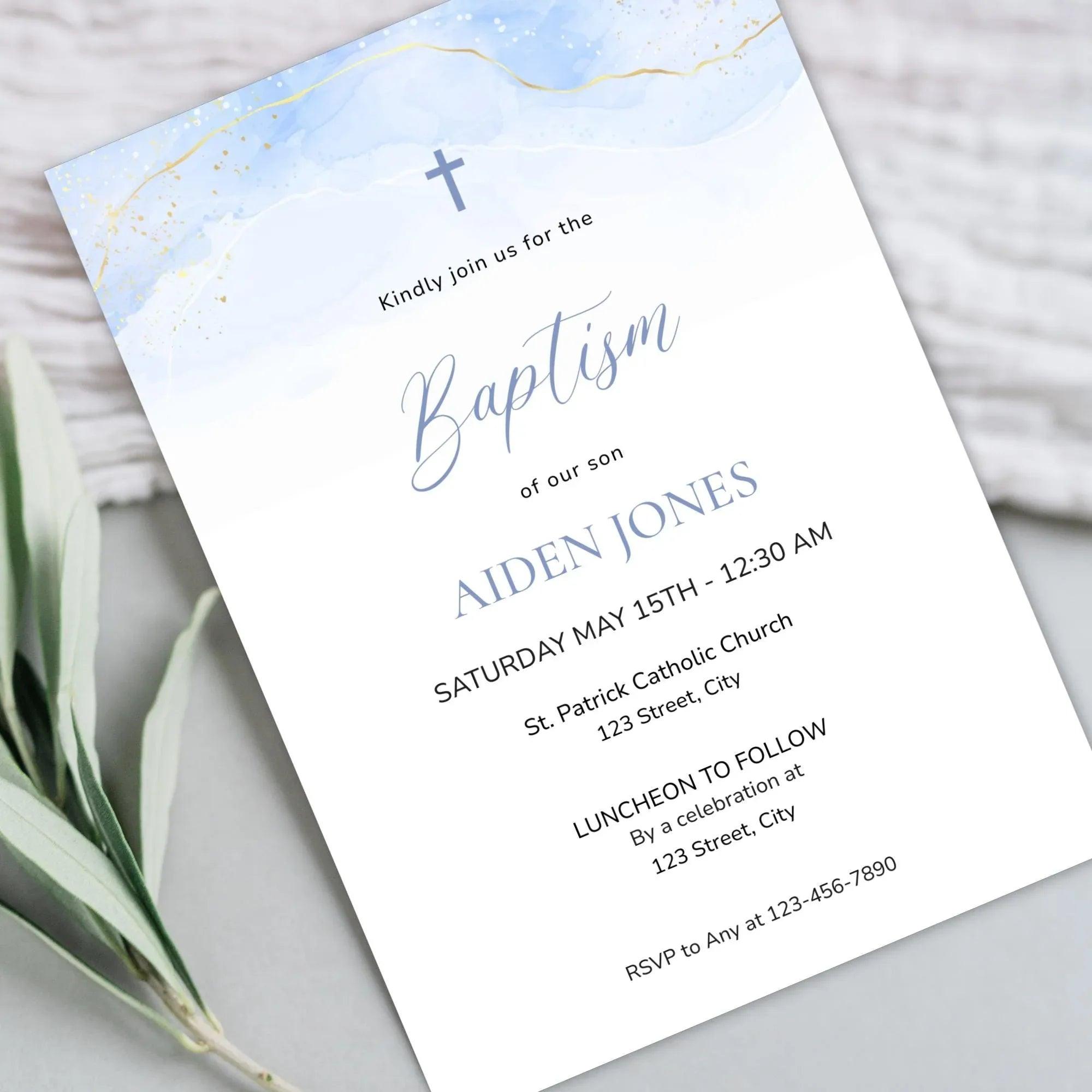 Blue Baptism Invitation Boy Editable Template – Digital Christening Card with Photo – Corjl Baby Boy Baptism Invite - Lovely Printable Party