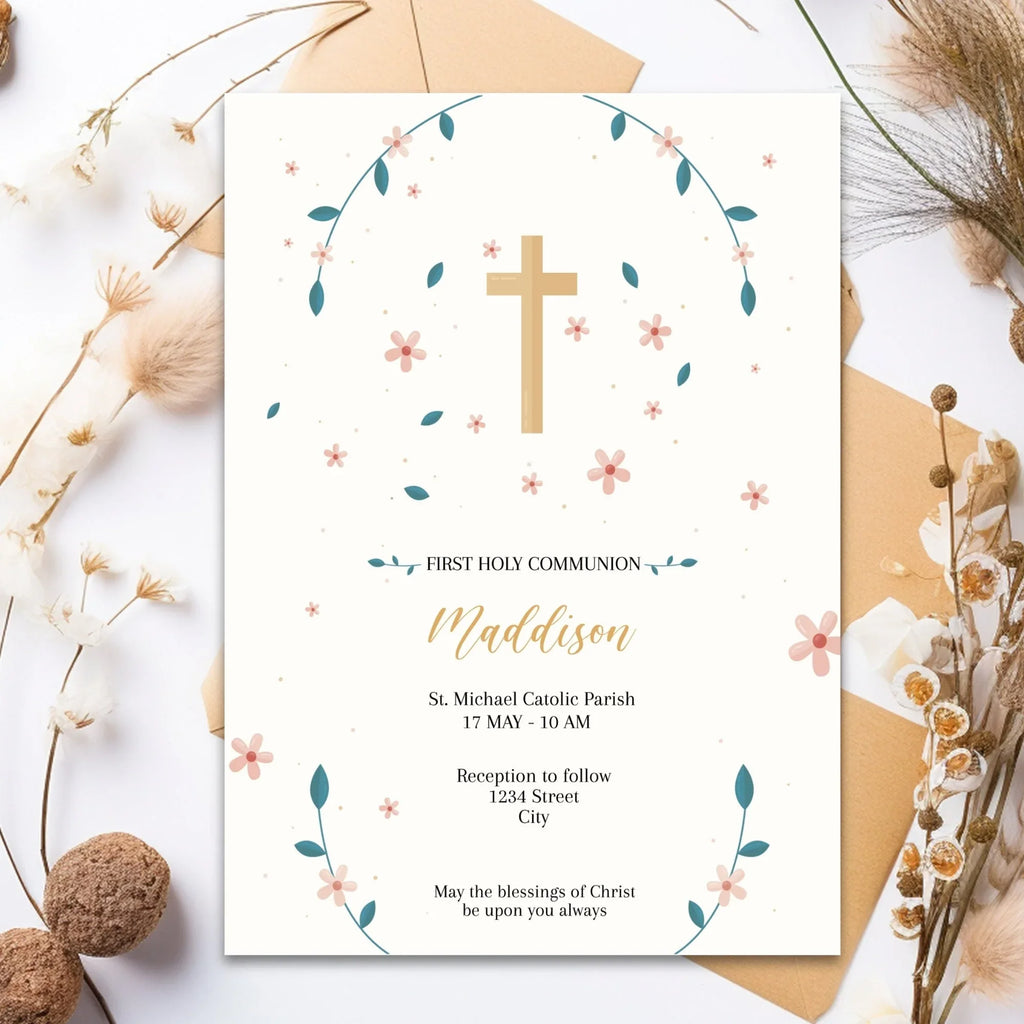 Flowers and Leaves Communion Invitation - Lovely Party