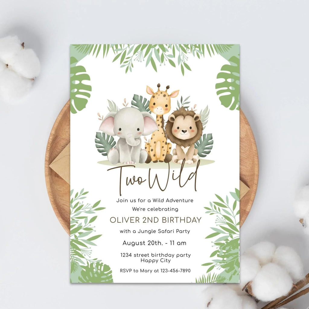 Two Wild 2nd Birthday Invitation Editable | Safari Jungle Party Invite Corjl | Digital Printable for Boy or Girl Birthday - Lovely Printable Party