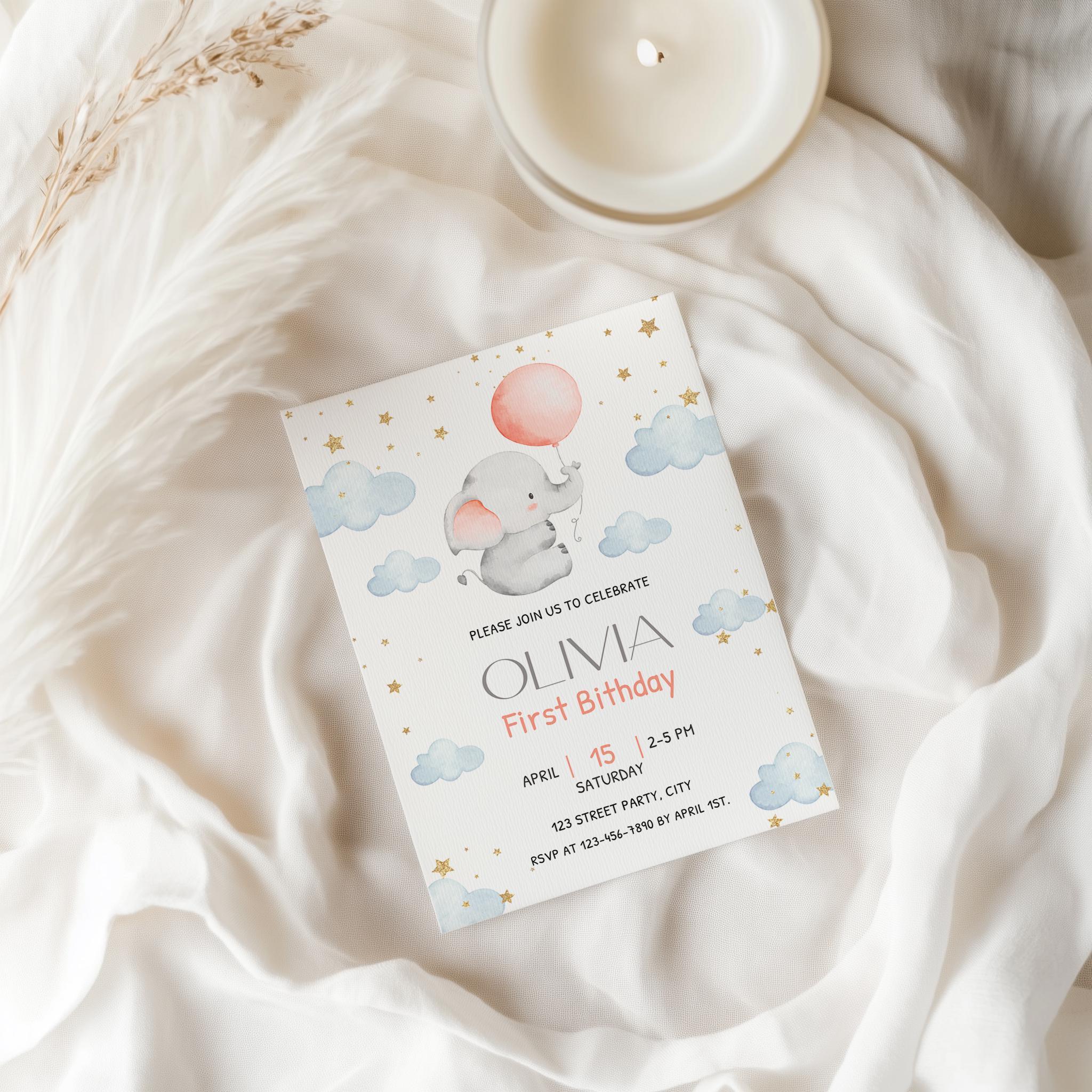 Baby Elephant 1st Birthday Invitation - Editable Corjl Template - Lovely Party