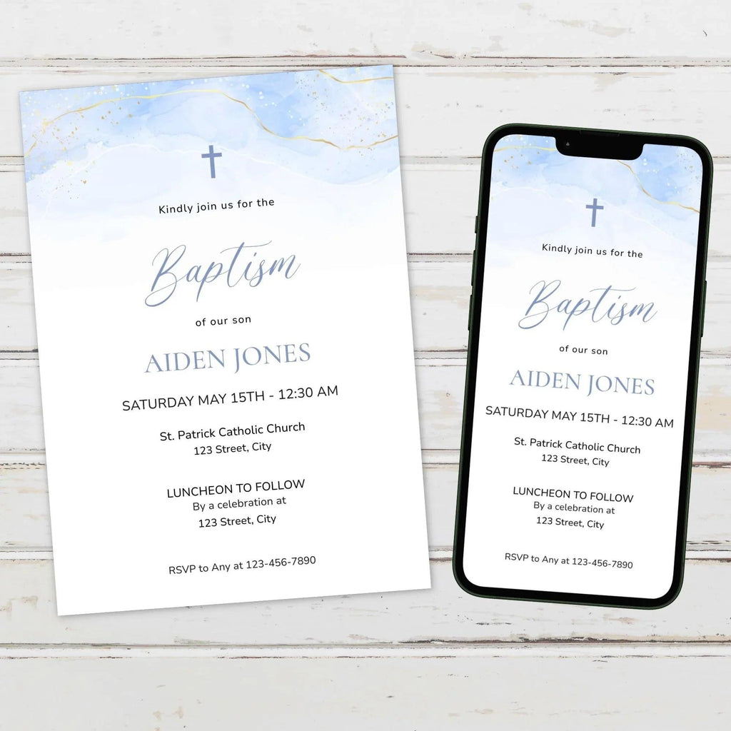 Blue Baptism Invitation Boy Editable Template – Digital Christening Card with Photo – Corjl Baby Boy Baptism Invite - Lovely Printable Party