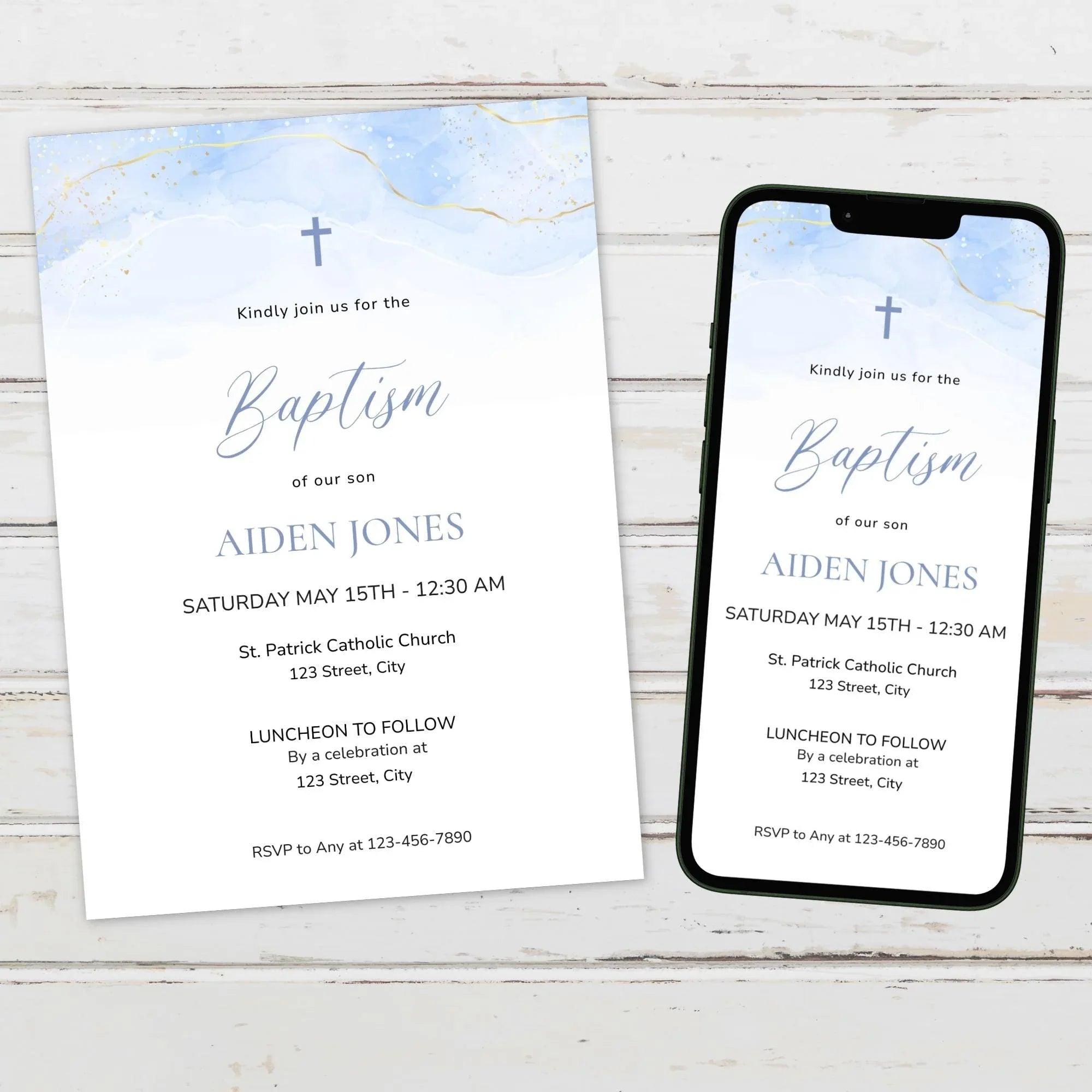 Blue Baptism Invitation Boy Editable Template – Digital Christening Card with Photo – Corjl Baby Boy Baptism Invite - Lovely Printable Party
