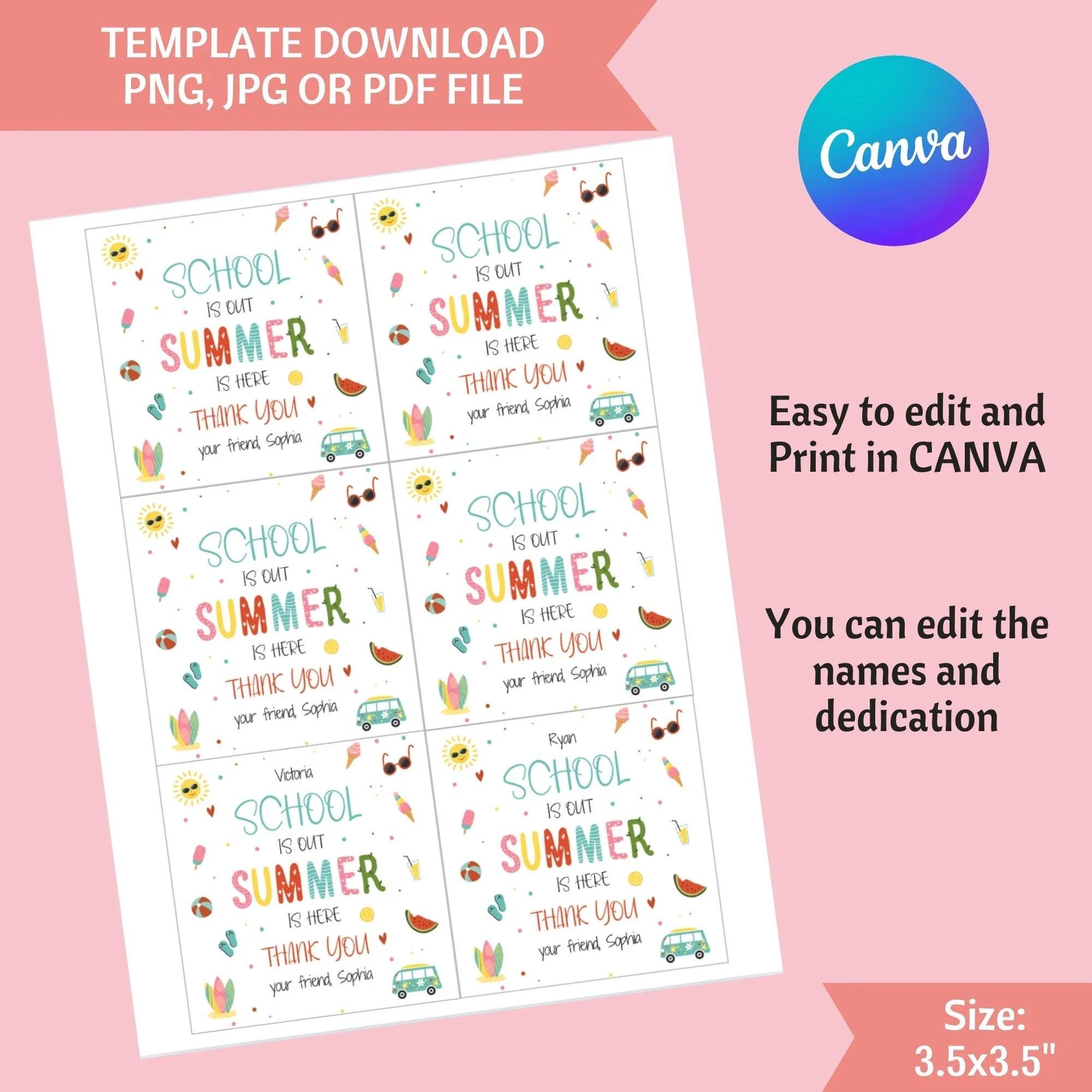 Kids Summer Thank You Card - Summer Card - Kids greeting - Personalized summer Card end of the school year - Editable Instant Download - Lovely Printable Party