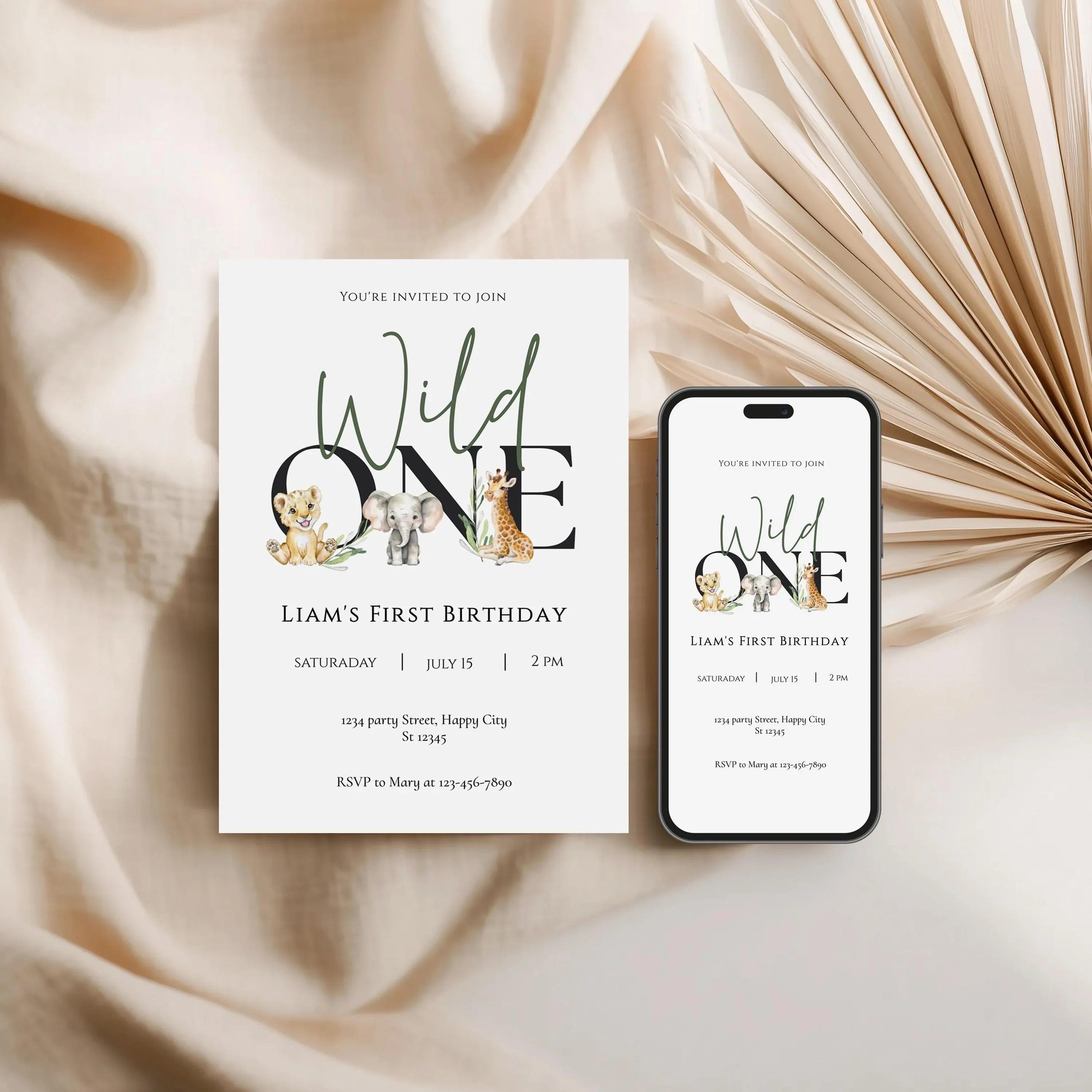 Wild One First Birthday Invitation Editable | Safari Jungle Party Invite Corjl | Digital Animal Birthday Card for Boy - Lovely Printable Party