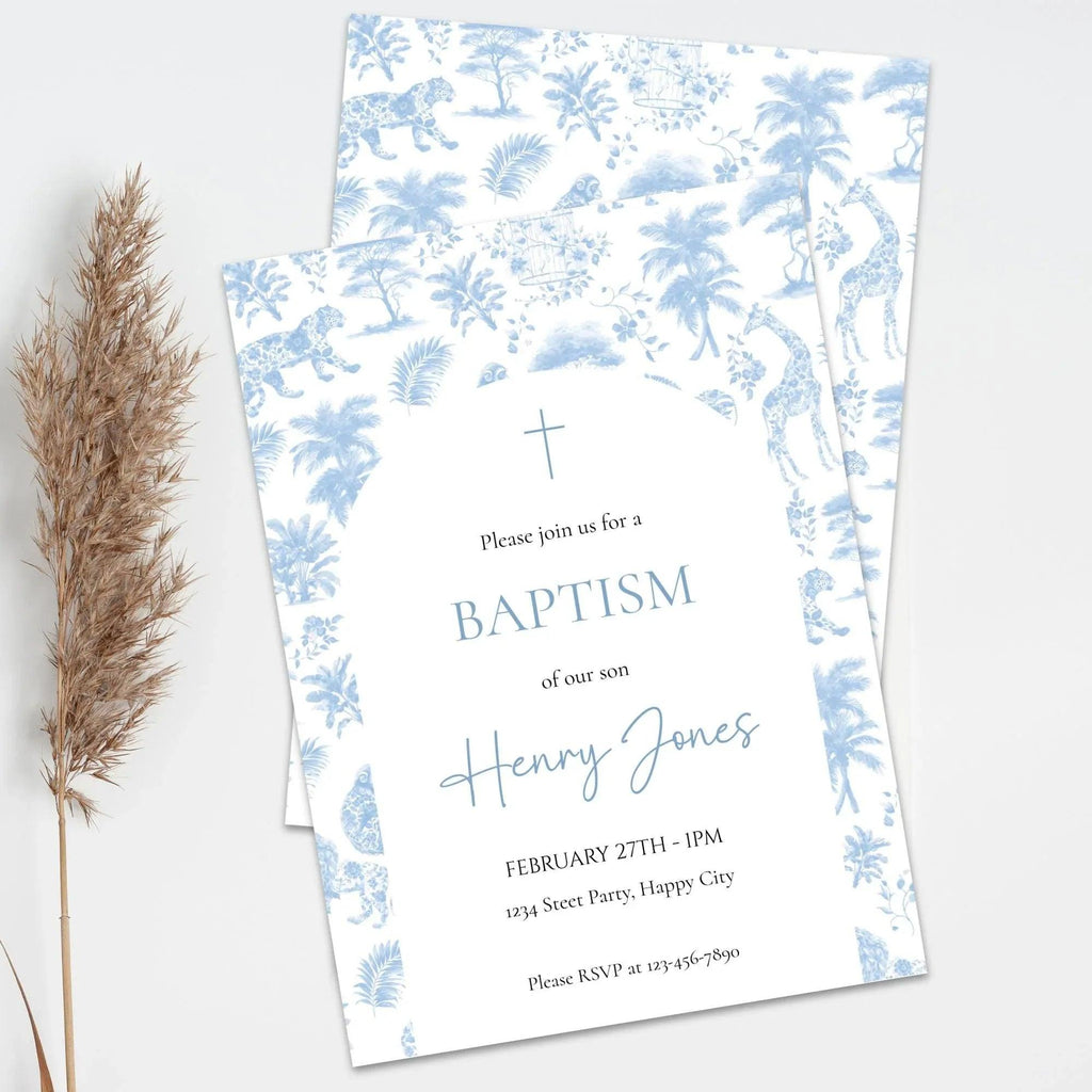 Boy Baptism Invitation Safari Toile | Blue Jungle Editable Corjl Template | Digital Christening Invite - Lovely Printable Party