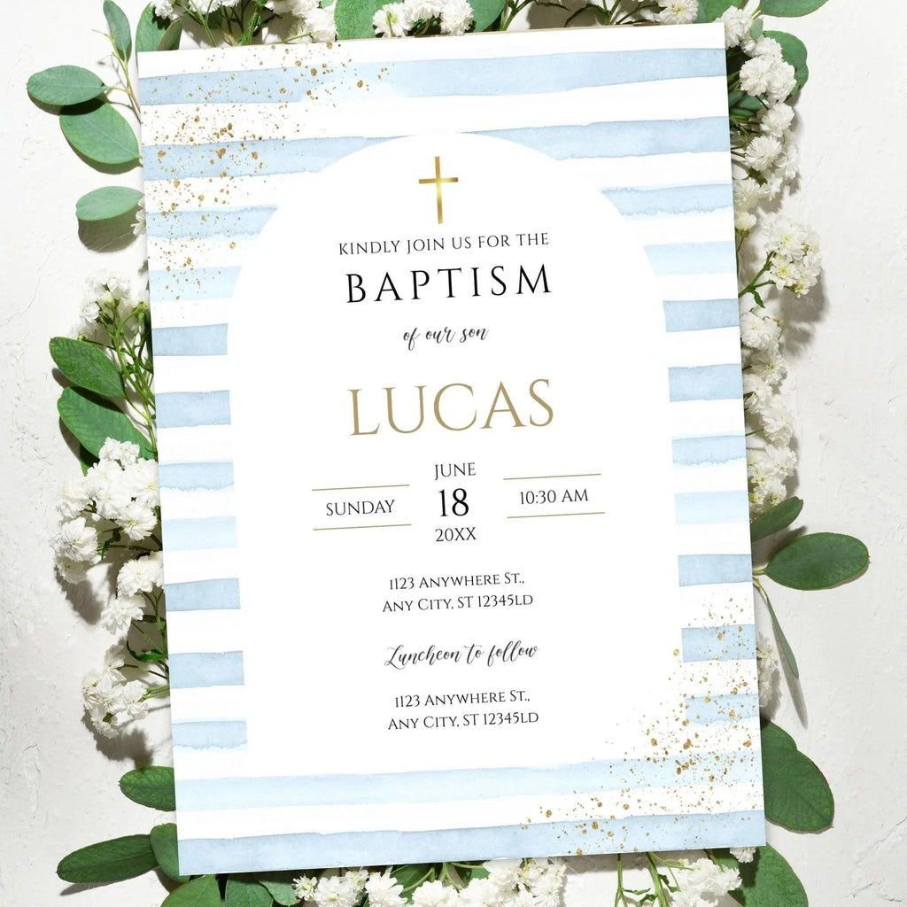 Editable Boy Baptism Invitation | Blue Gold Christening Template | Catholic Baptism Corjl | Instant Download Digital Invite - Lovely Printable Party