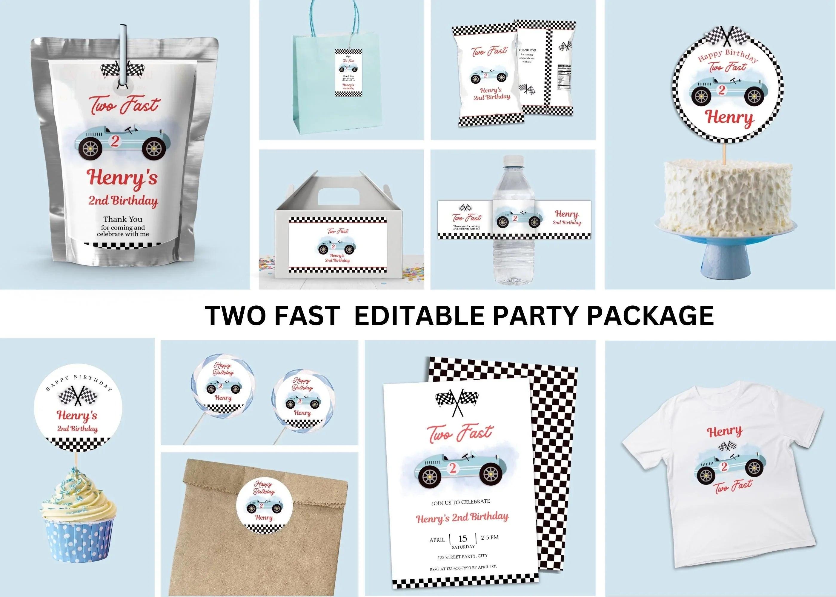 Race Car Party Printable Decorations & Invitation Template Bundle - Two Fast / Fast One Birthday Theme - INSTANT DOWNLOAD - EDITABLE Text - Lovely Printable Party