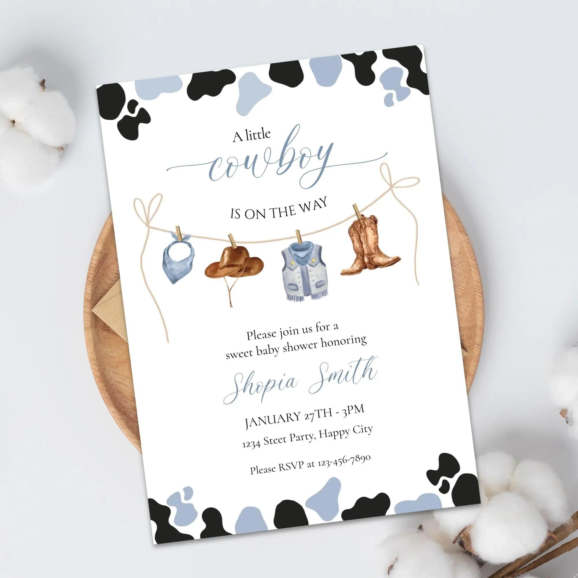 Little Cowboy Baby Shower Invitation – Editable via Corjl | Blue & Brown Western Cow Print | Digital Download - Lovely Printable Party