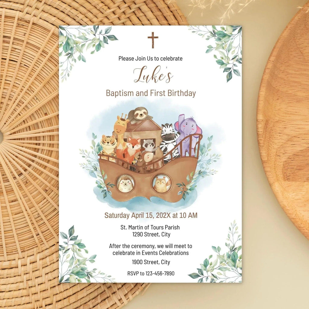 Noah's Ark Baptism & 1st Birthday Invitation Template – Editable Corjl Digital Download - Lovely Printable Party