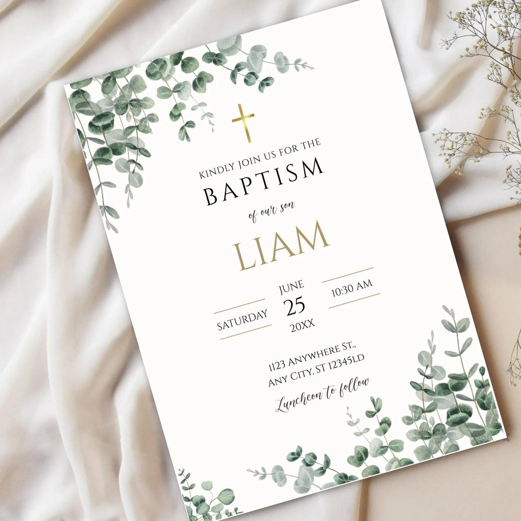 Greenery Baptism Invitation Boy – Corjl Editable Template – Eucalyptus Digital Invite Download - Lovely Printable Party