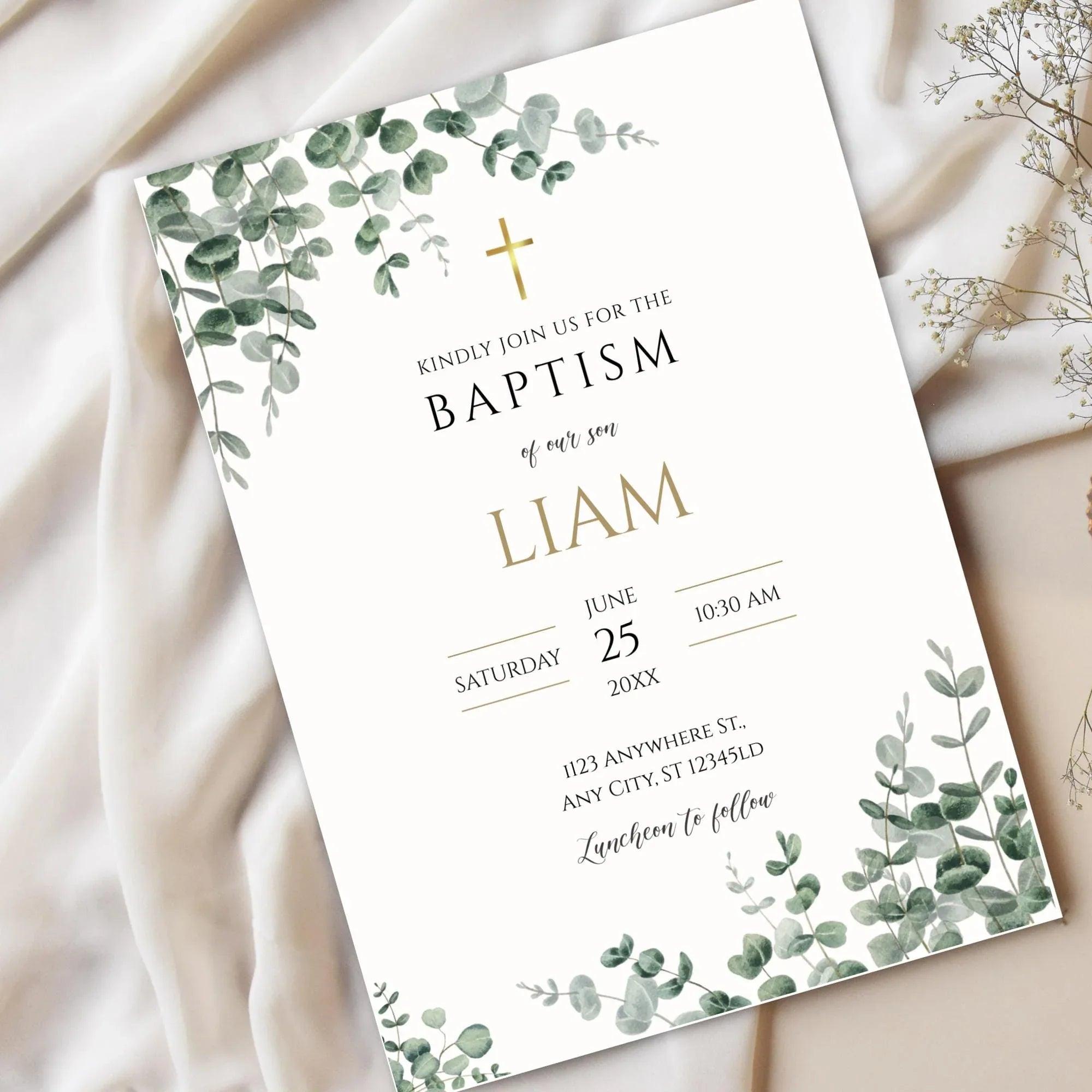 Greenery Baptism Invitation Boy – Corjl Editable Template – Eucalyptus Digital Invite Download - Lovely Printable Party