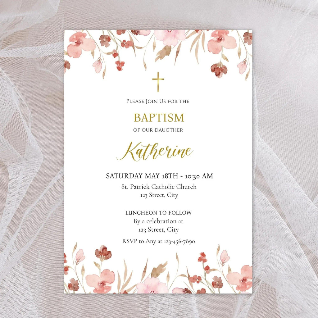 Pink Flowers Baptism Invitation Template, Custom Baptism Invite, Editable Baptism Invitation, Girl Baptism Invite - Lovely Printable Party