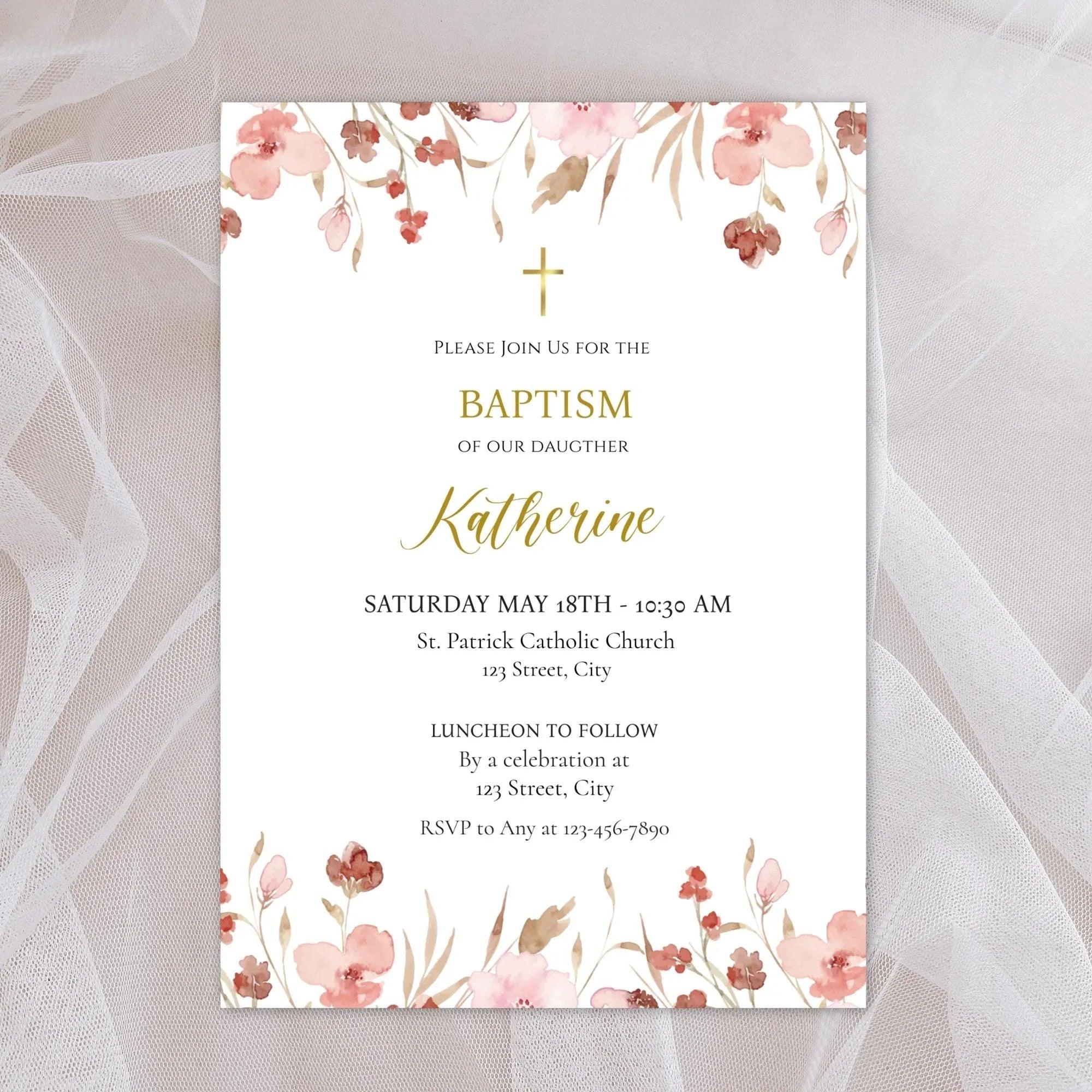 Pink Flowers Baptism Invitation Template, Custom Baptism Invite, Editable Baptism Invitation, Girl Baptism Invite - Lovely Printable Party