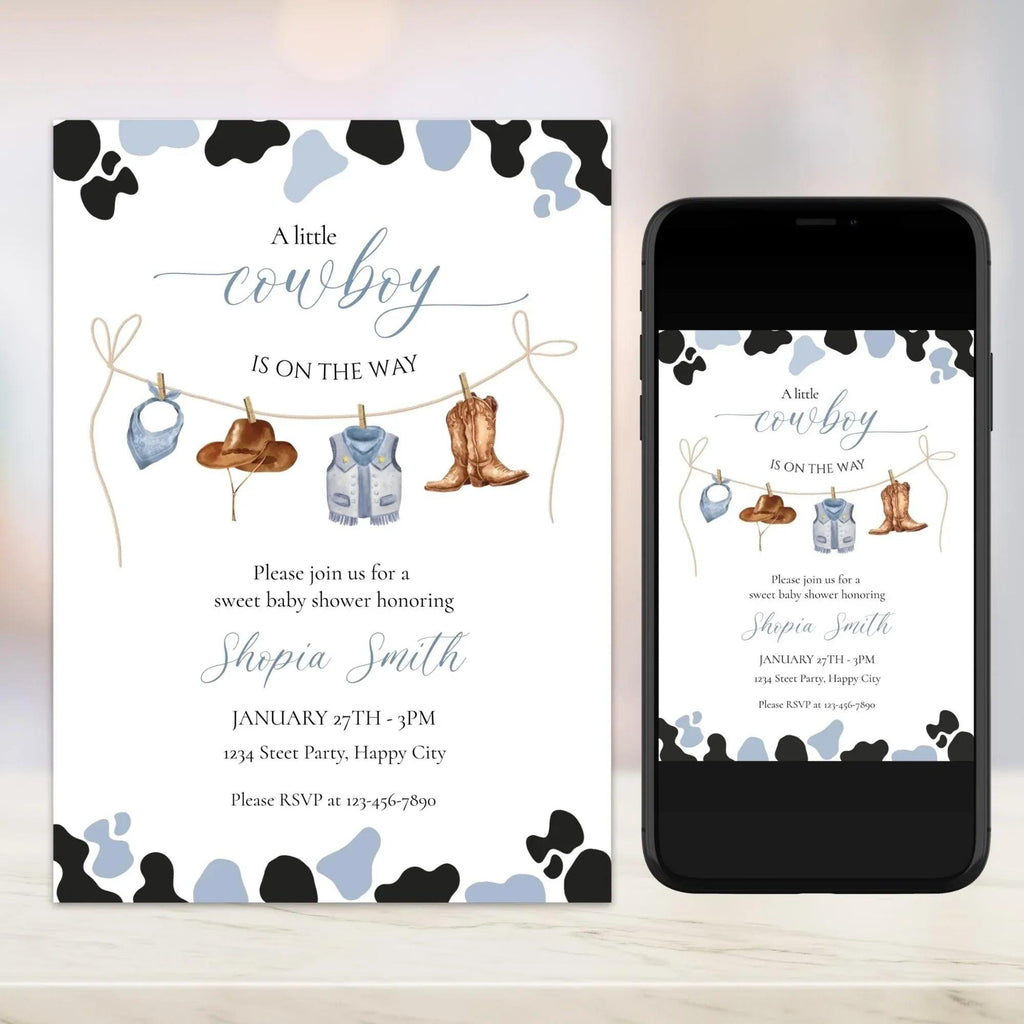 Little Cowboy Baby Shower Invitation – Editable via Corjl | Blue & Brown Western Cow Print | Digital Download - Lovely Printable Party
