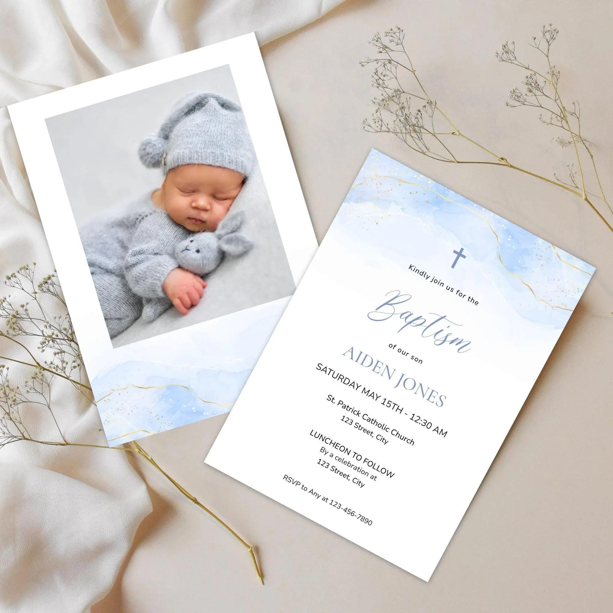 Blue Baptism Invitation Boy Editable Template – Digital Christening Card with Photo – Corjl Baby Boy Baptism Invite - Lovely Printable Party