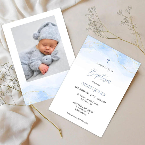 Blue Baptism Invitation Boy Editable Template – Digital Christening Card with Photo – Corjl Baby Boy Baptism Invite - Lovely Printable Party
