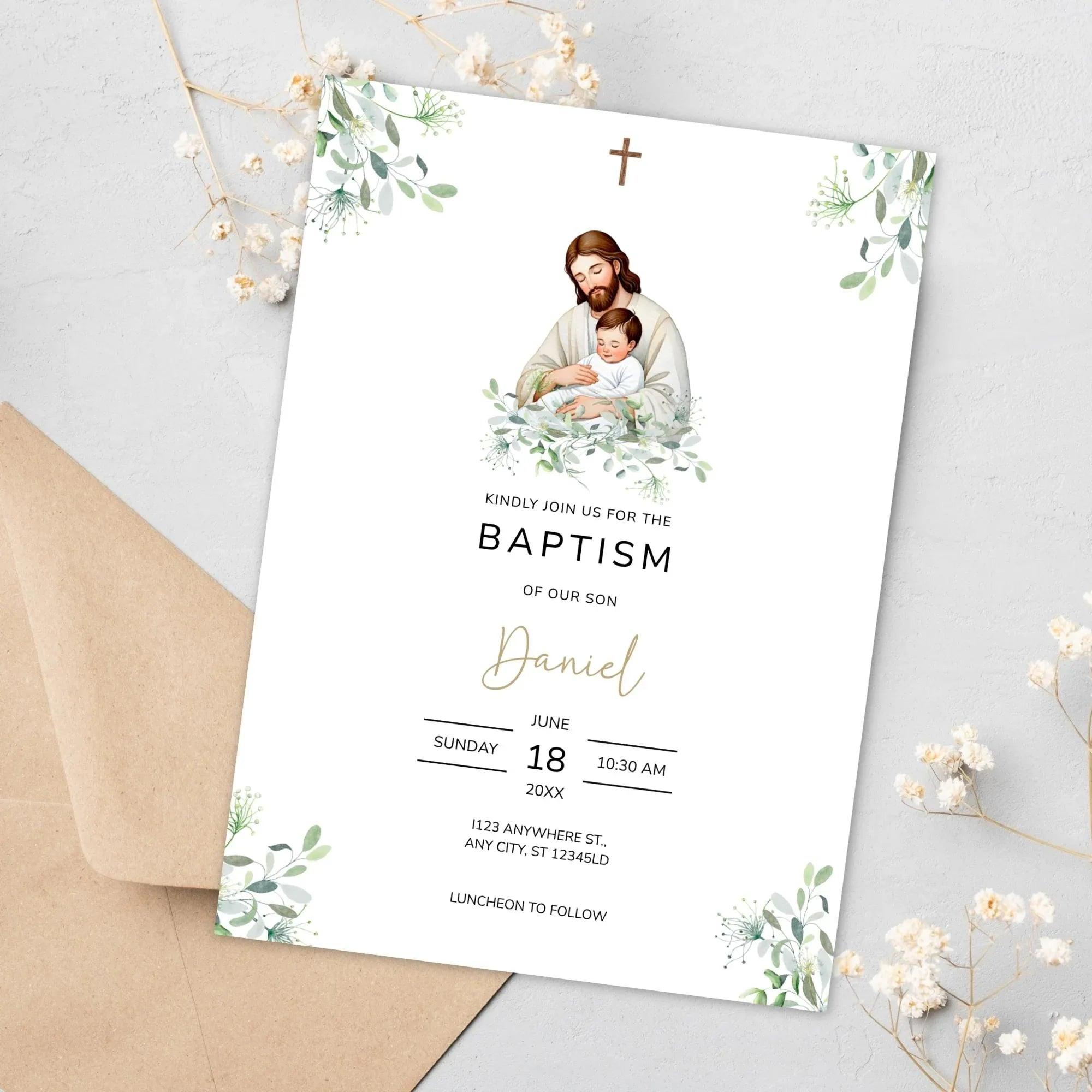 Catholic Baptism Invitation Boy | Editable Christening Invitation Template | Jesus and Baby Digital Invite | Printable Baptism Card for Son - Lovely Printable Party