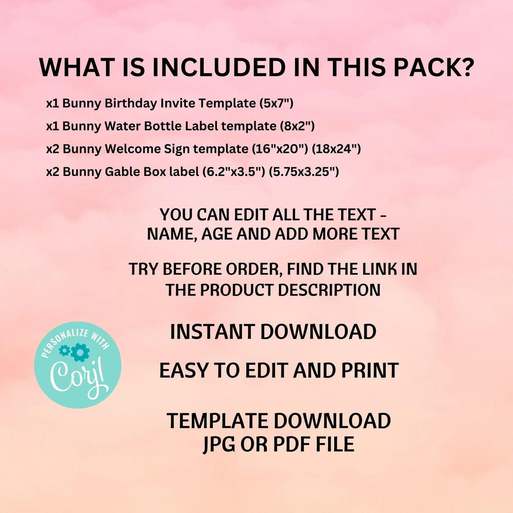 Bunny party pack, Water bottle Label, Invitation, Welcome Sign, Printable Bunny 1st Birthday, Digital Editable, rabbit Party favor - Lovely Printable Party